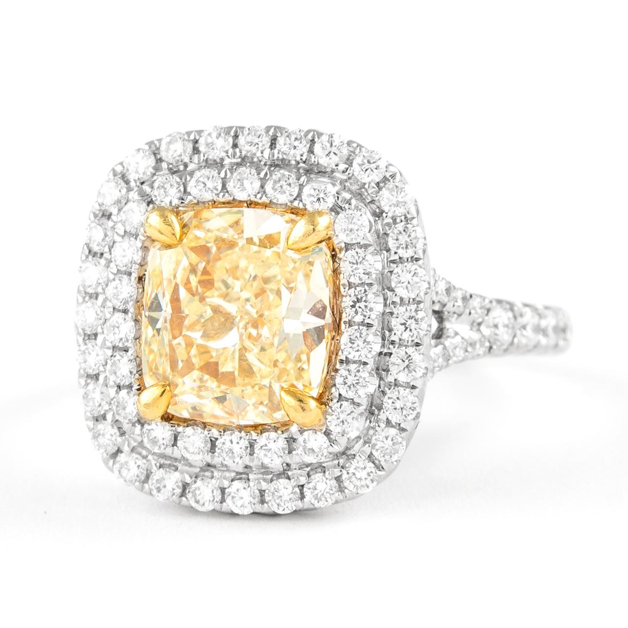 Contemporary Alexander 2.50ct Fancy Intense Yellow VS1 Diamond Double Halo Ring 18k Two Tone