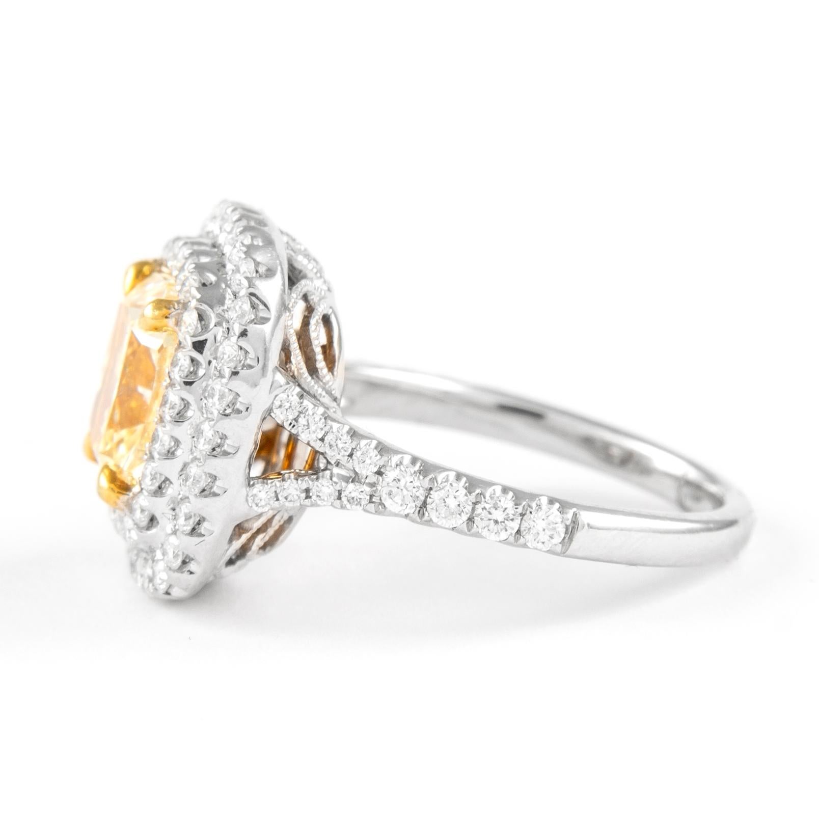 Cushion Cut Alexander 2.50ct Fancy Intense Yellow VS1 Diamond Double Halo Ring 18k Two Tone