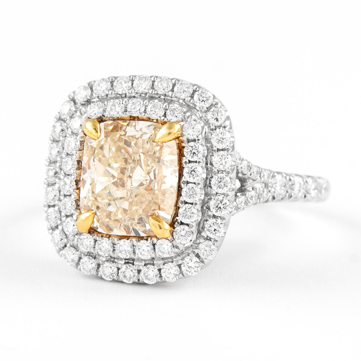Contemporary Alexander 2.51ct Fancy Yellow Diamond Double Halo Ring 18k Two Tone For Sale