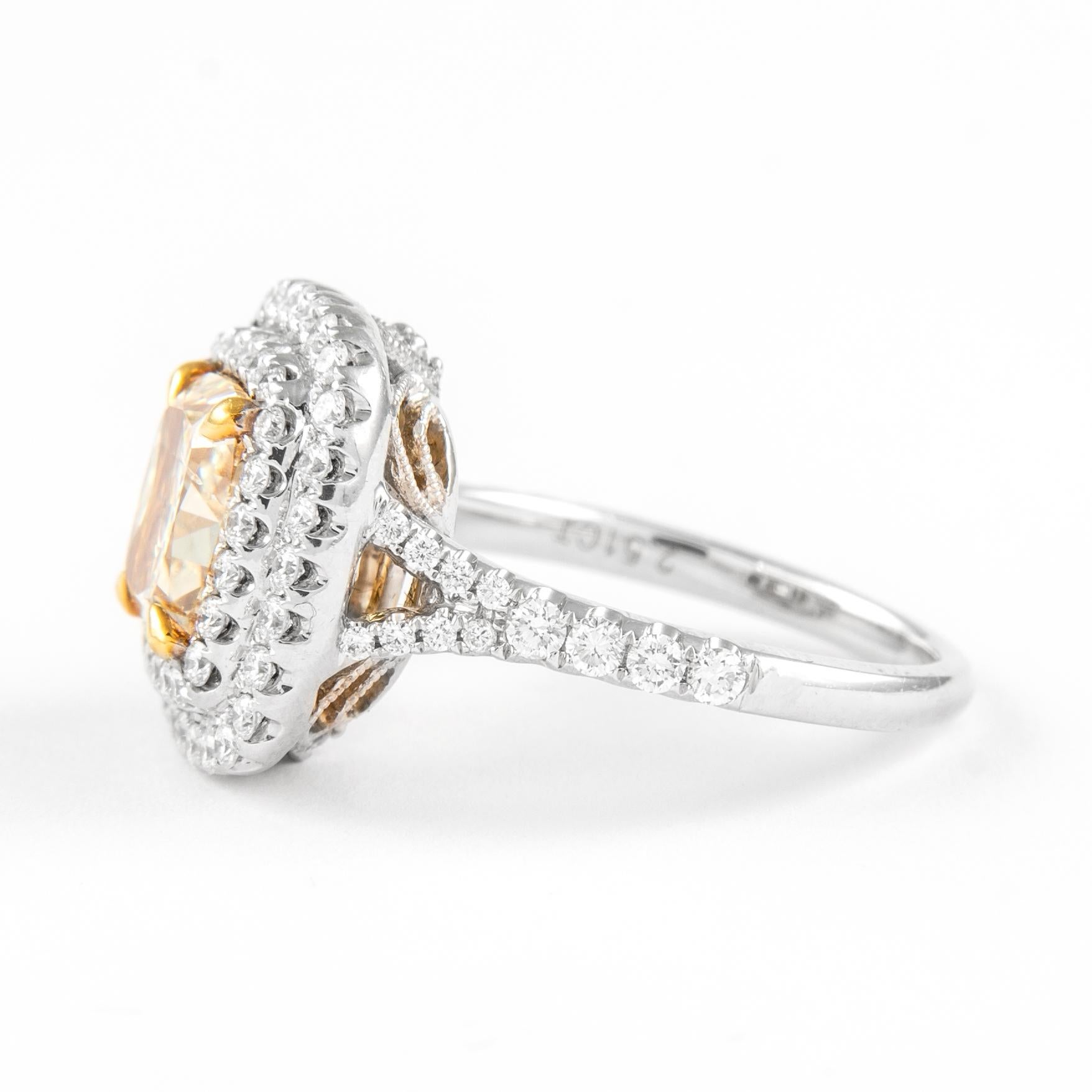 Cushion Cut Alexander 2.51ct Fancy Yellow Diamond Double Halo Ring 18k Two Tone For Sale