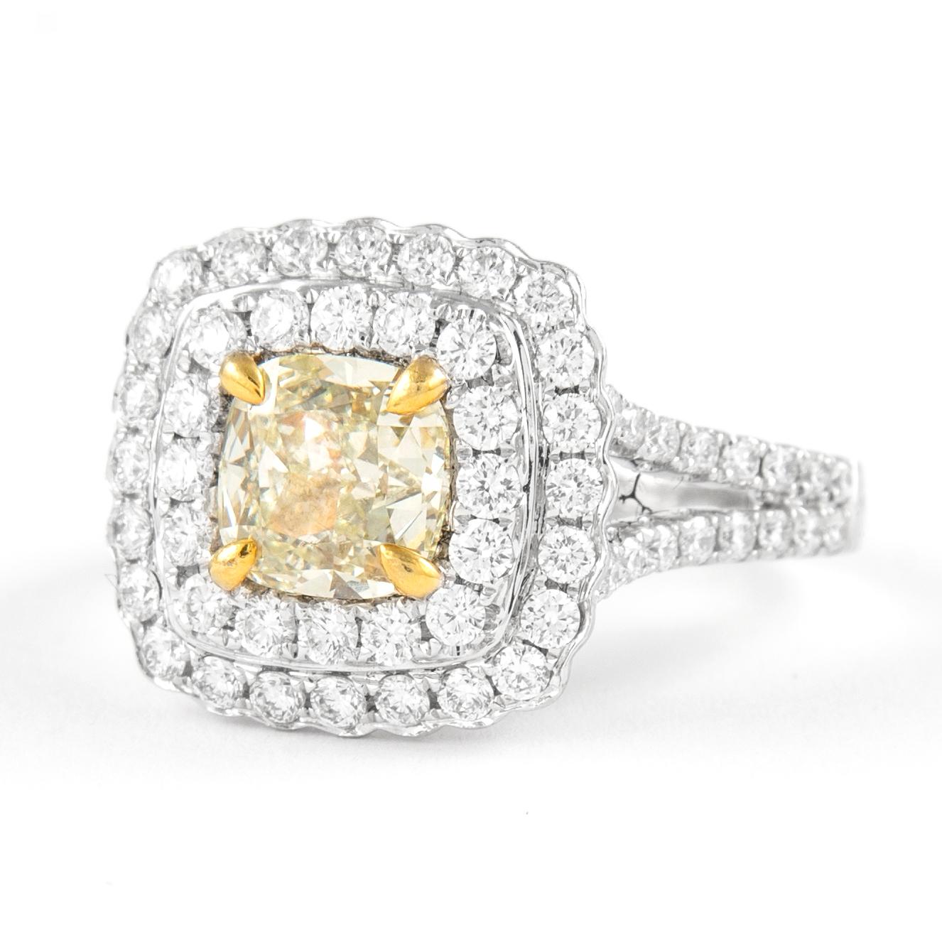 Contemporary Alexander 2.52ctt Fancy Light Yellow VS2 Diamond Double Halo Ring 18k Two Tone For Sale