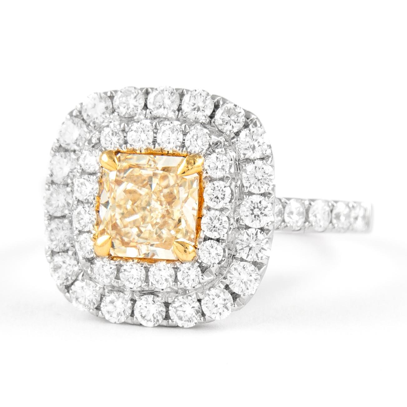 Alexander 1,57 Karat Fancy Gelber Diamant Doppel Halo Ring 18k Zweifarbiger (Zeitgenössisch) im Angebot