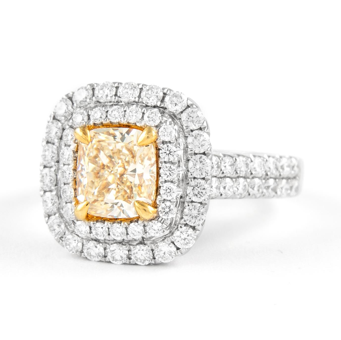 Contemporary Alexander 2.66ctt Fancy Intense Yellow VS2 Diamond Double Halo Ring 18k Two Tone For Sale