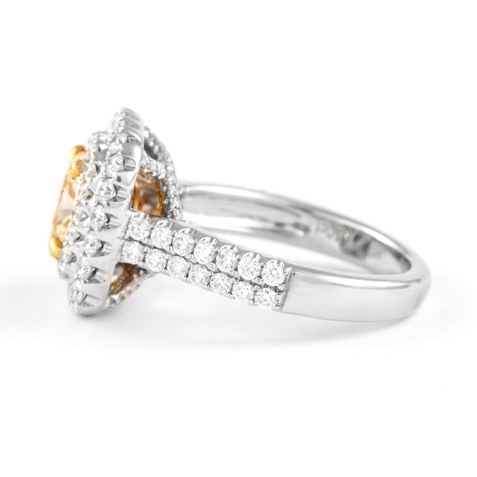 Alexander 2,66ctt Ausgefallener intensiver gelber VS2 Diamant Doppel Halo Ring 18k zweifarbig (Kissenschliff) im Angebot