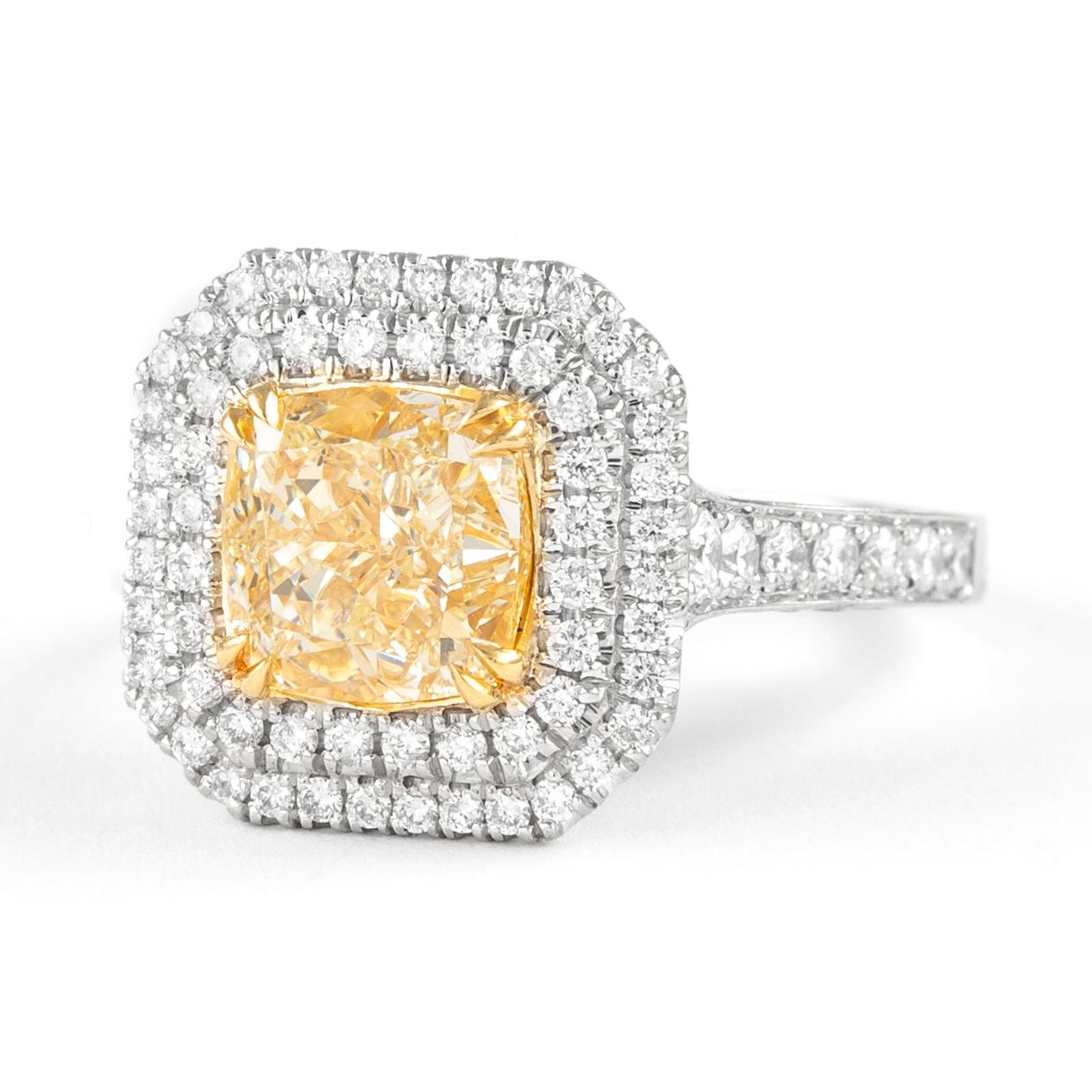 Contemporary Alexander 2.71ct Fancy Intense Yellow VS2 Cushion Diamond Double Halo Ring 18k For Sale