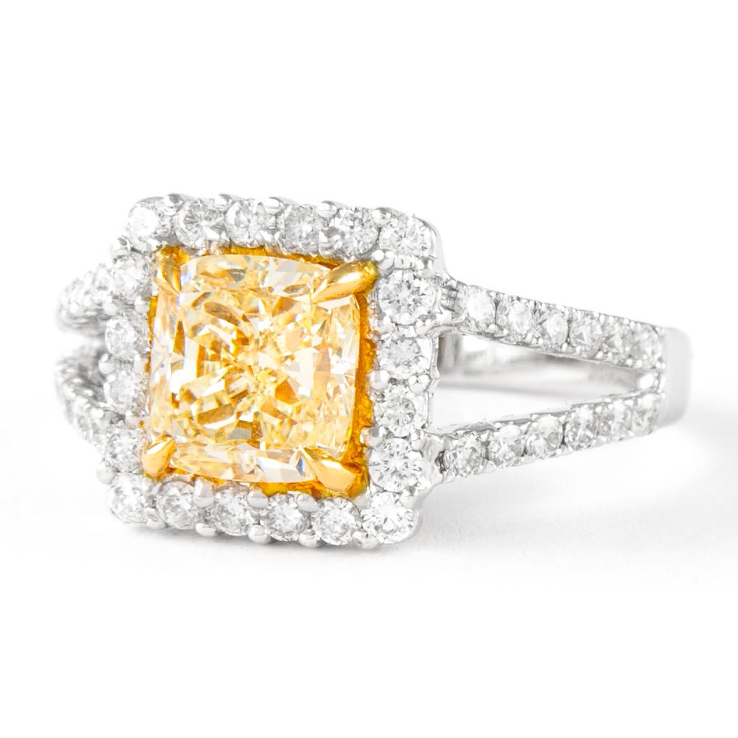 Contemporary Alexander 2.72ctt Fancy Yellow Cushion Diamond with Halo Ring 18k Two Tone For Sale