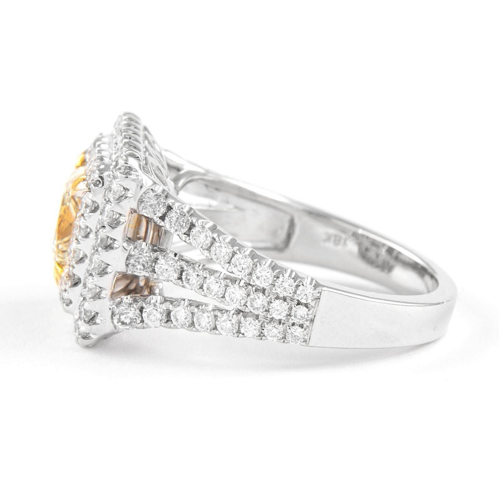 Contemporary Alexander 2.74ctt Light Yellow VS1 Diamond Double Halo Ring 18k Two Tone For Sale