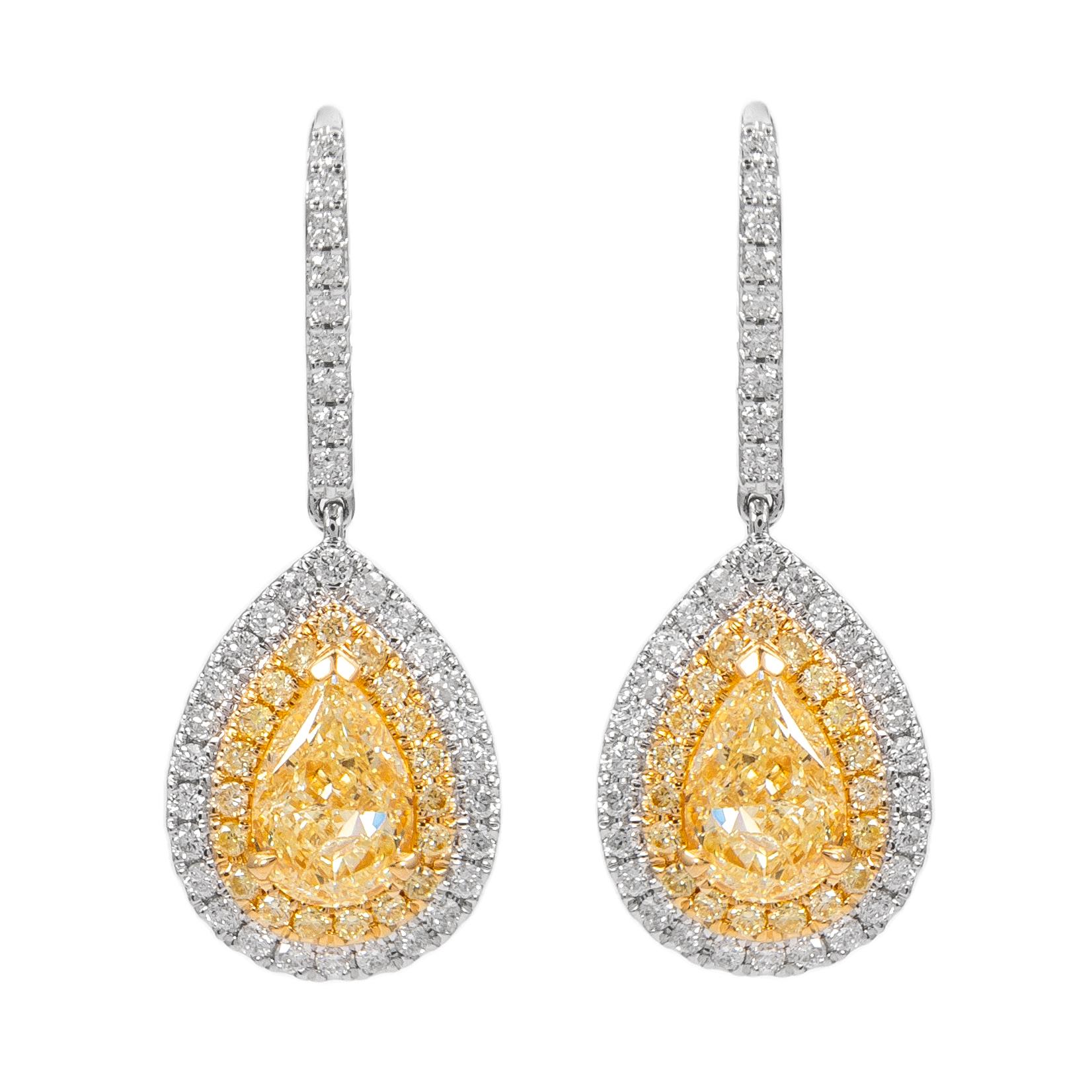 Pear Cut Alexander 2.74ctt Yellow Diamond with Halo Drop Earrings 18k Gold For Sale