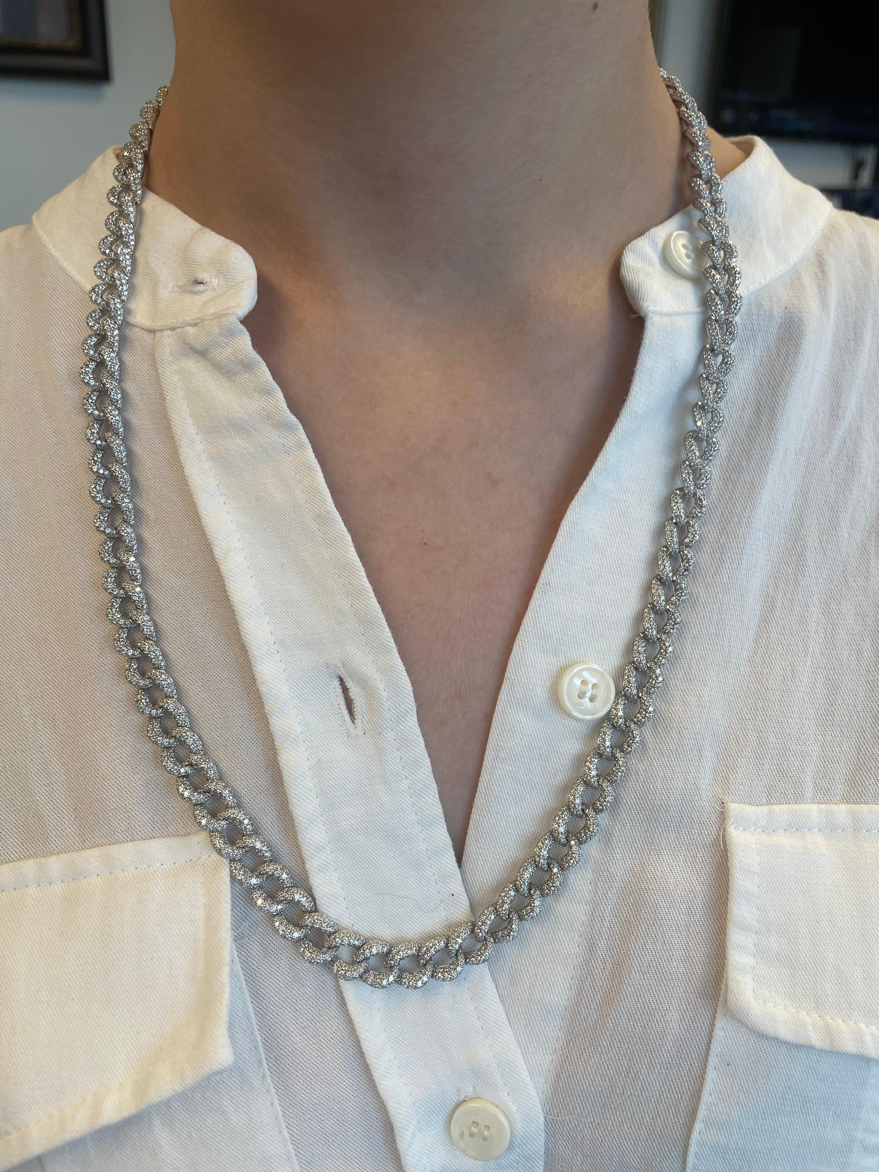 Modern diamond cuban link necklace. High jewelry by Alexander Beverly Hills.
3876 round brilliant diamonds, 28.57 carats total. Approximately G/H color and SI clarity. 18k white gold.
Accommodated with an up-to-date appraisal by a GIA G.G. once