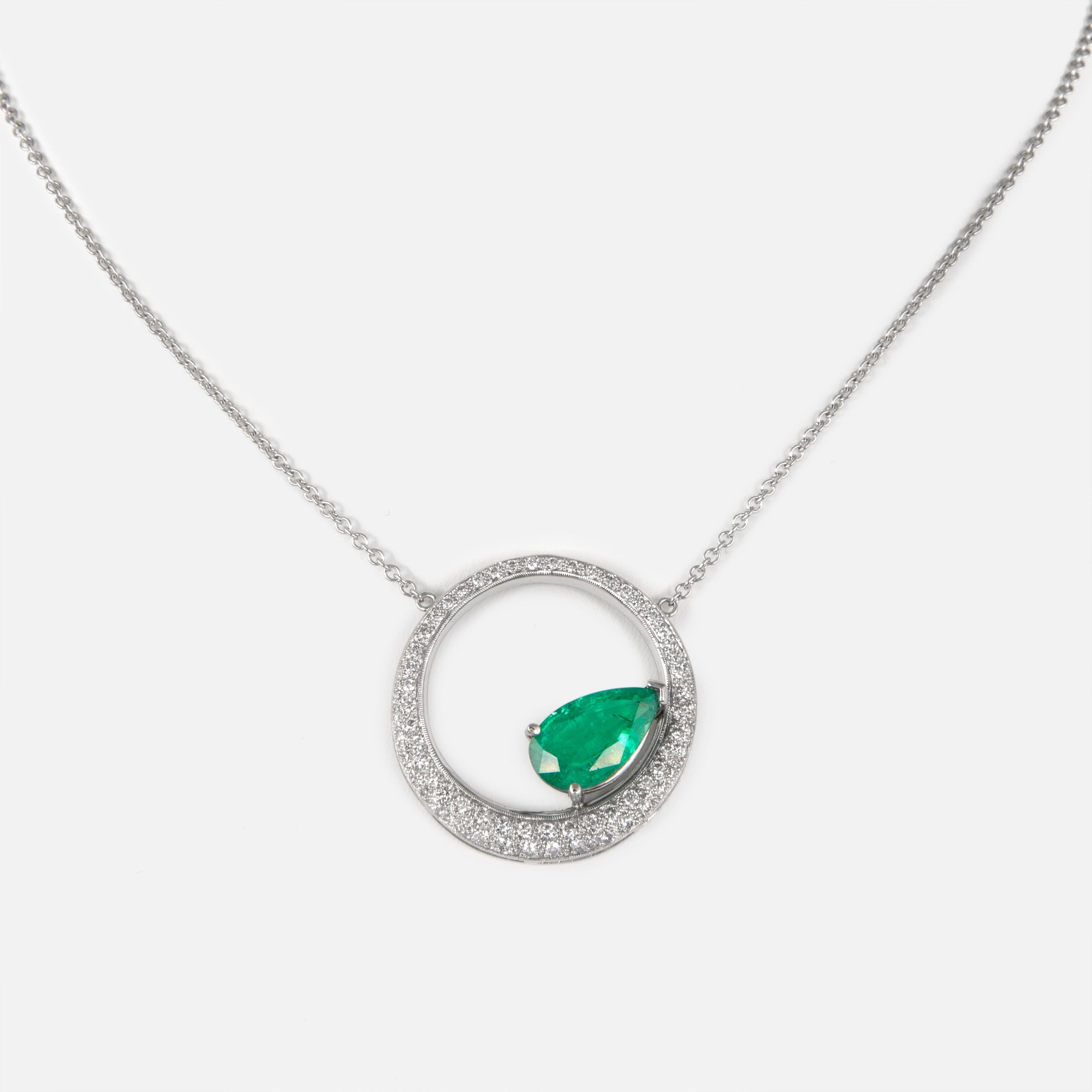 Modern Alexander 2.99ct Emerald with Pave Diamond 18k White Gold Pendant Necklace For Sale