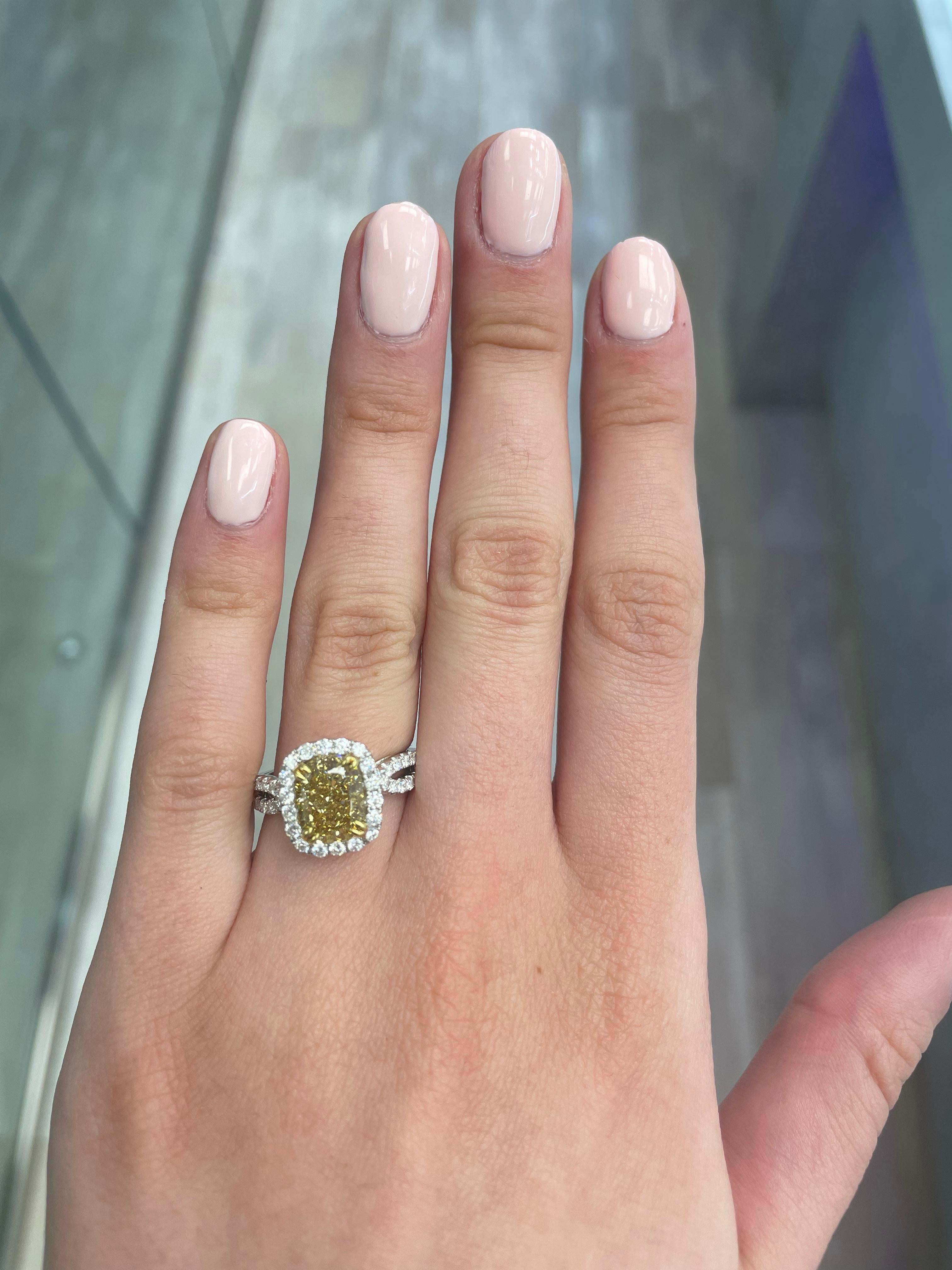 Stunning modern EGL certified yellow diamond with halo ring, two-tone 18k yellow and white gold, split shank. By Alexander Beverly Hills
3.89 carats total diamond weight.
3.07 carat cushion cut Fancy Yellow color and VS2 clarity diamond, EGL graded.