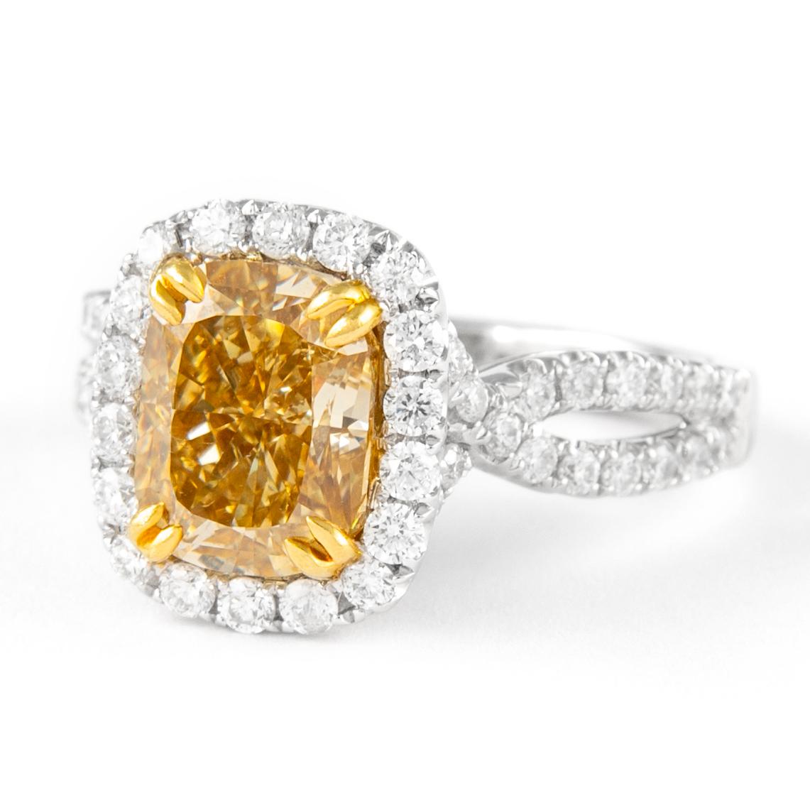 Contemporary Alexander 3.07ct Fancy Yellow VS2 Cushion Diamond with Halo Ring 18k Two Tone For Sale