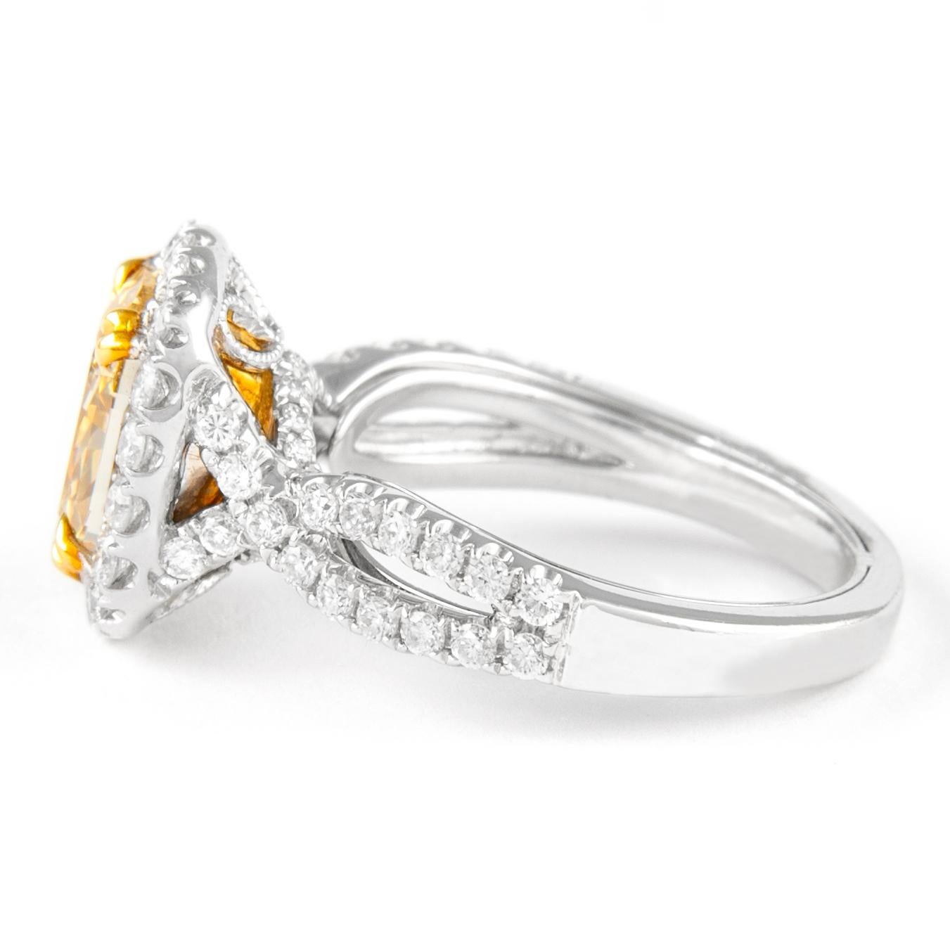 Cushion Cut Alexander 3.07ct Fancy Yellow VS2 Cushion Diamond with Halo Ring 18k Two Tone For Sale