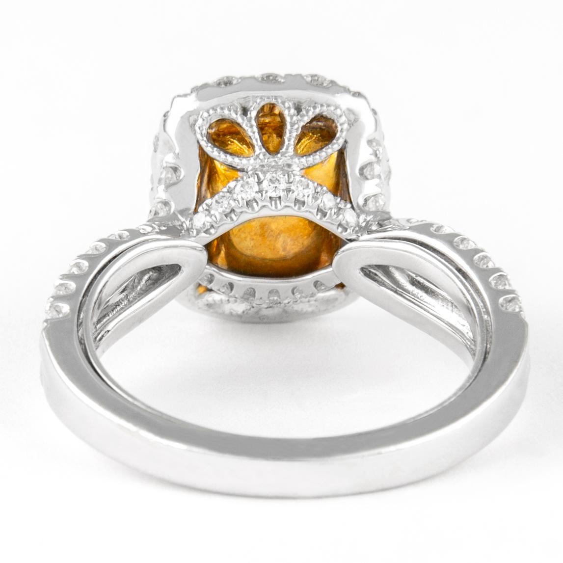 Alexander 3.07ct Fancy Yellow VS2 Cushion Diamond with Halo Ring 18k Two Tone In New Condition For Sale In BEVERLY HILLS, CA