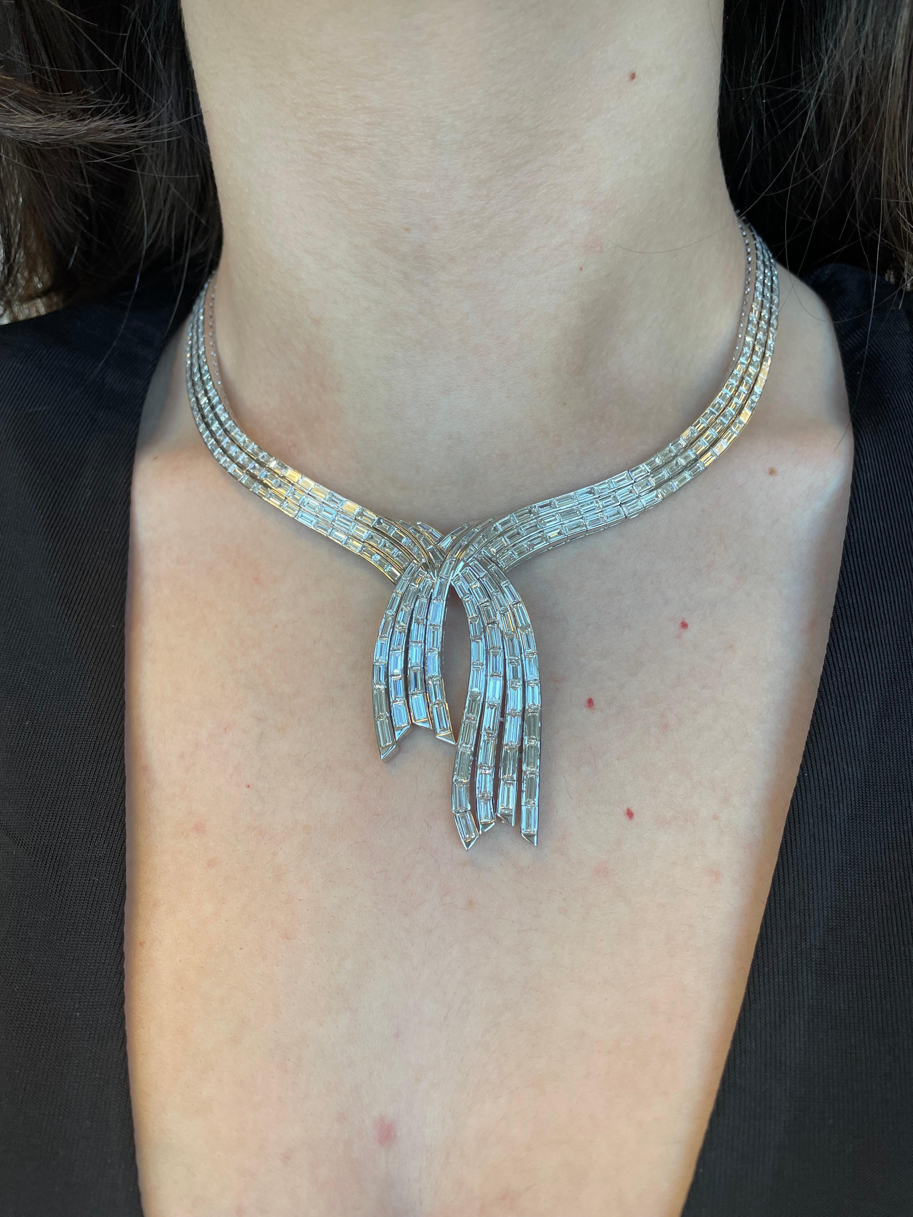 Glamorous baguette cut diamond necklace. High jewelry by Alexander Beverly Hills.
452 baguette cut diamonds, 31.55 carats total. Approximately G/H color and VS clarity. 18k white gold. 
Accommodated with an up-to-date appraisal by a GIA G.G. once