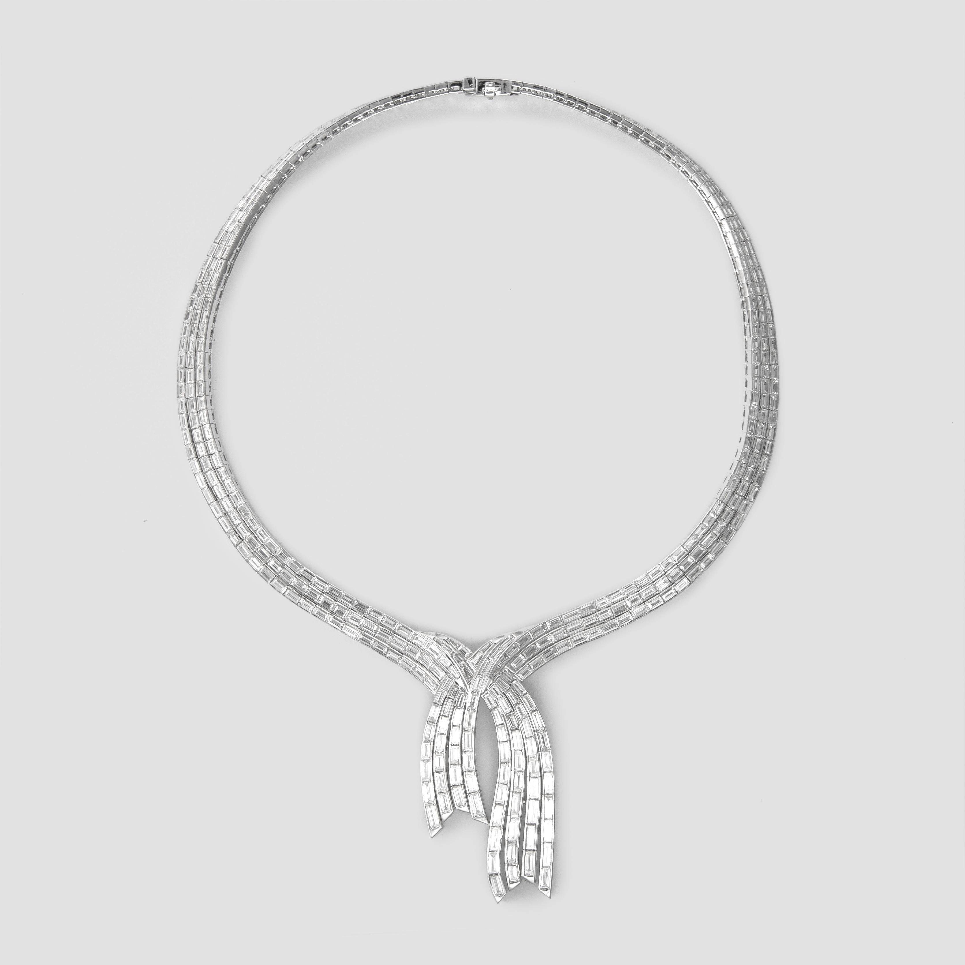 Contemporary Alexander 31.55 Carat Baguette Cut Diamond 18 Karat White Gold Necklace