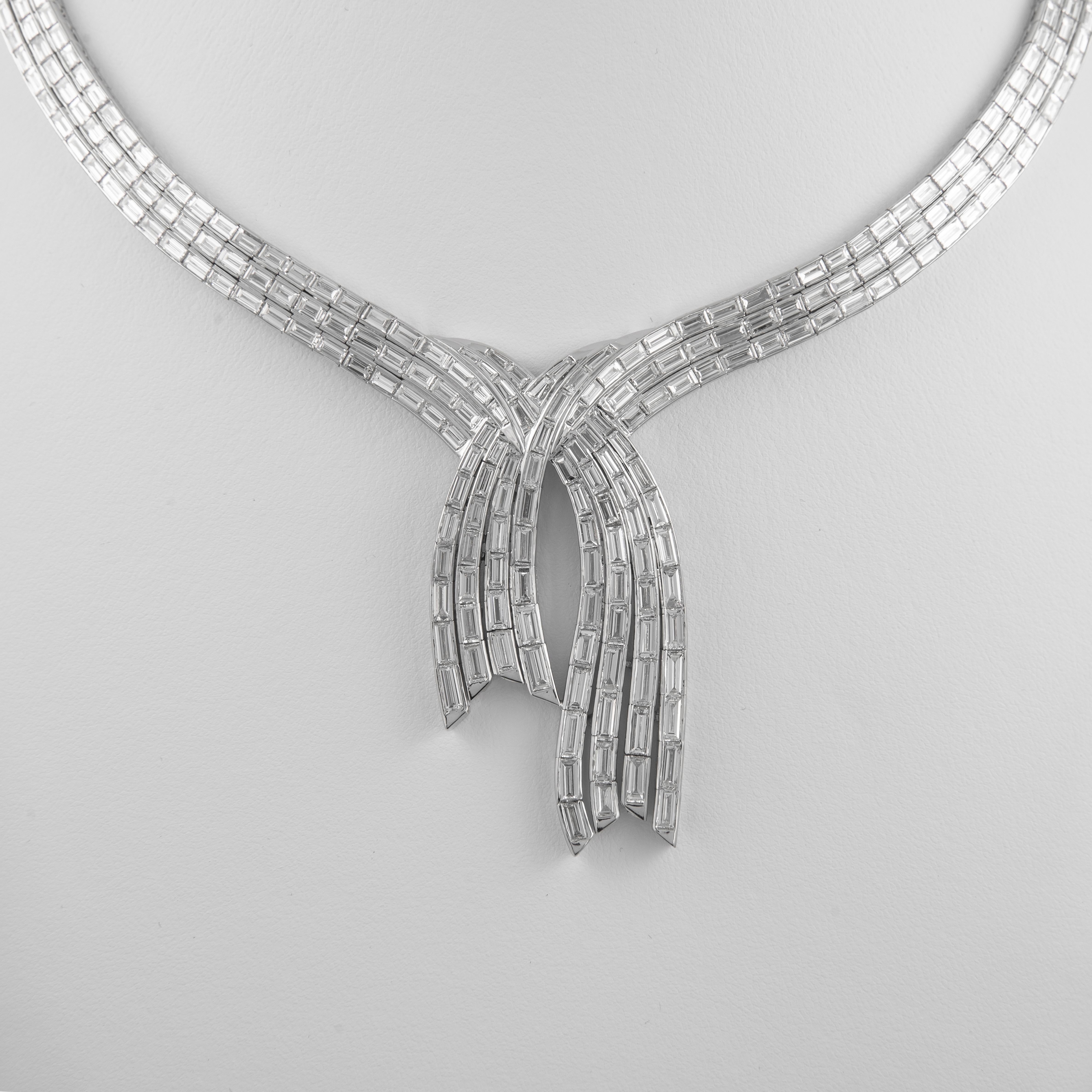 Alexander 31.55 Carat Baguette Cut Diamond 18 Karat White Gold Necklace In New Condition In BEVERLY HILLS, CA