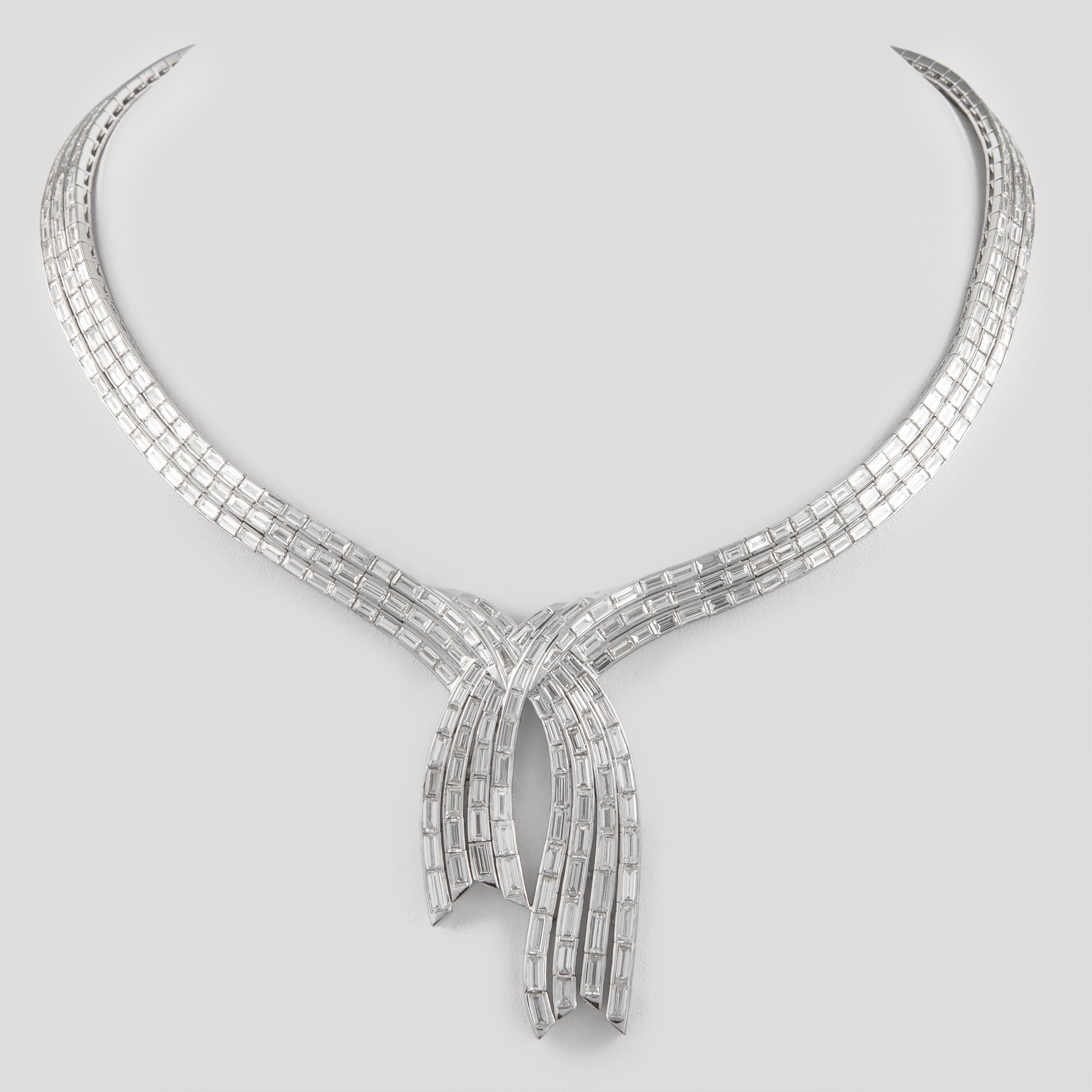 Women's Alexander 31.55 Carat Baguette Cut Diamond 18 Karat White Gold Necklace