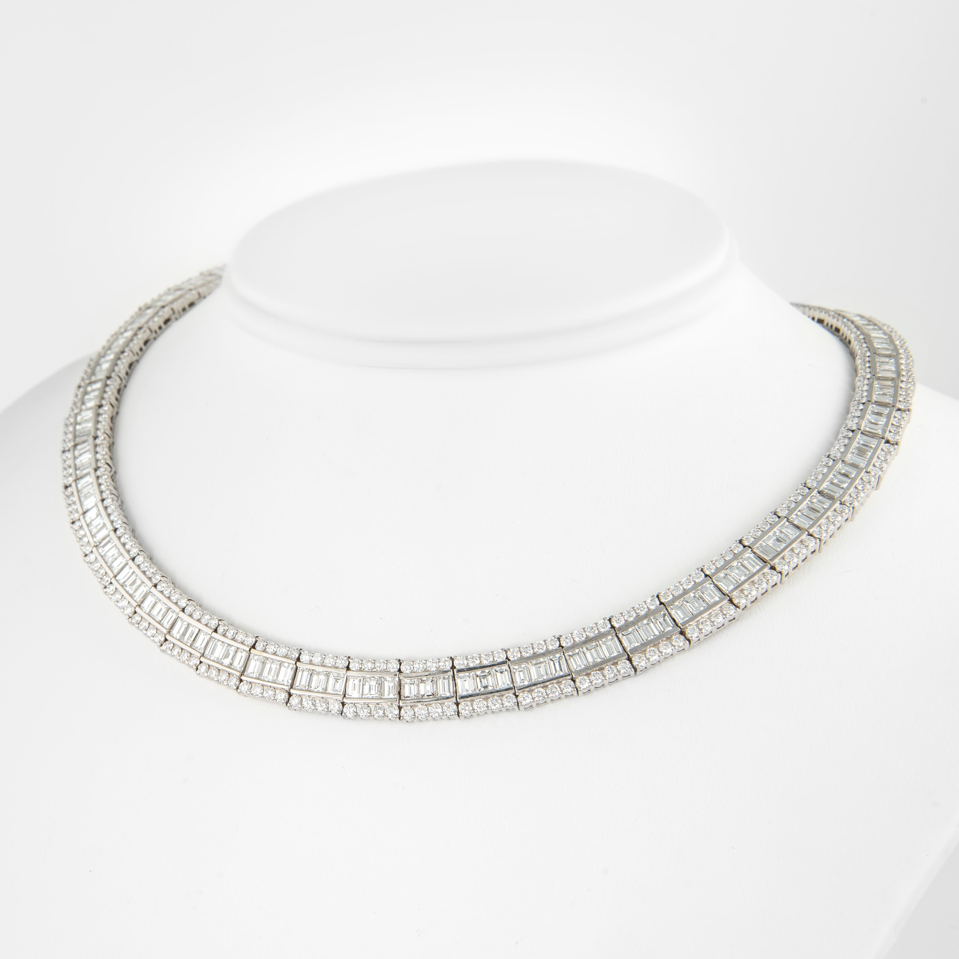 Contemporary Alexander 31.73 Carat Baguette Cut Diamond 18 Karat White Gold Necklace For Sale