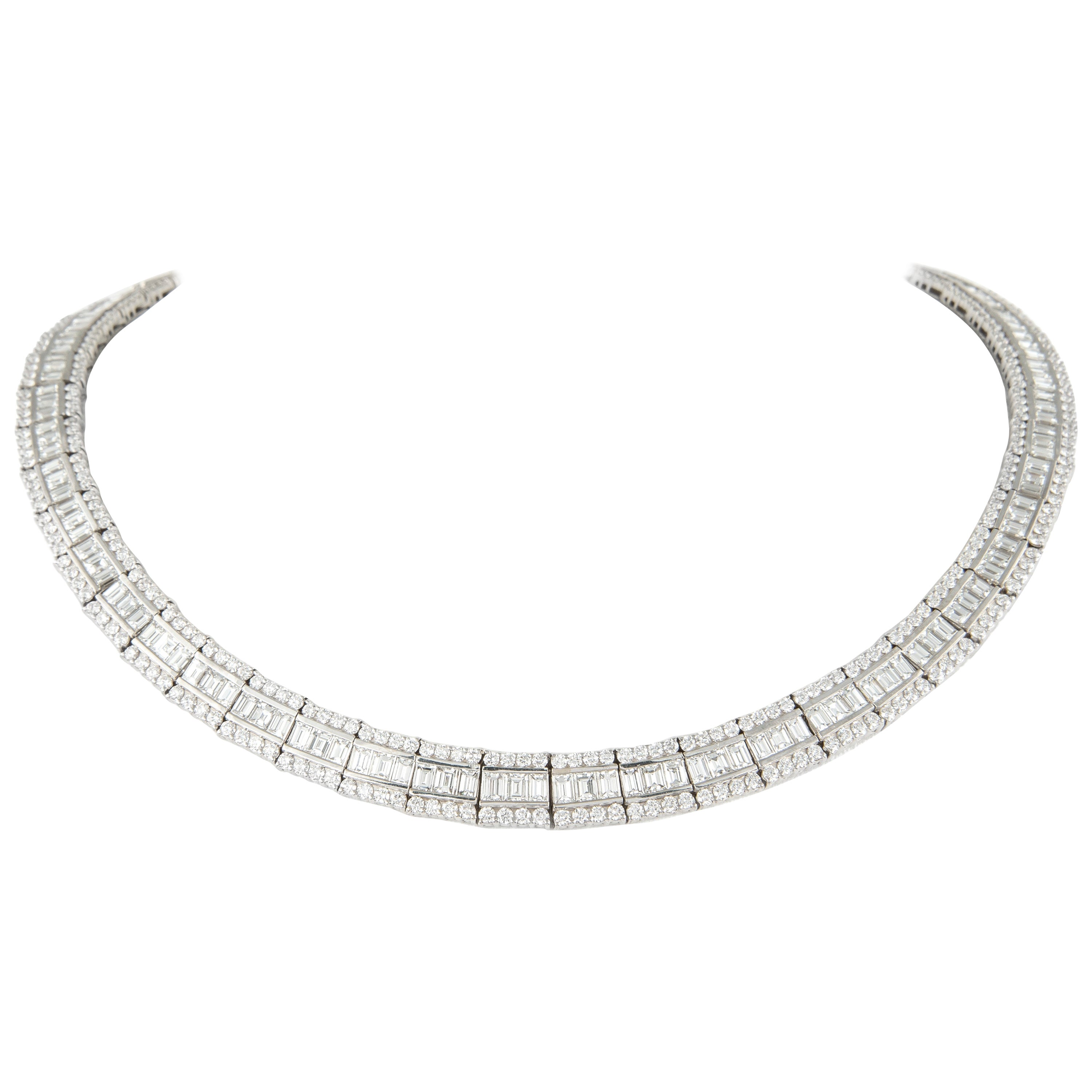 Alexander 31.73 Carat Baguette Cut Diamond 18 Karat White Gold Necklace For Sale