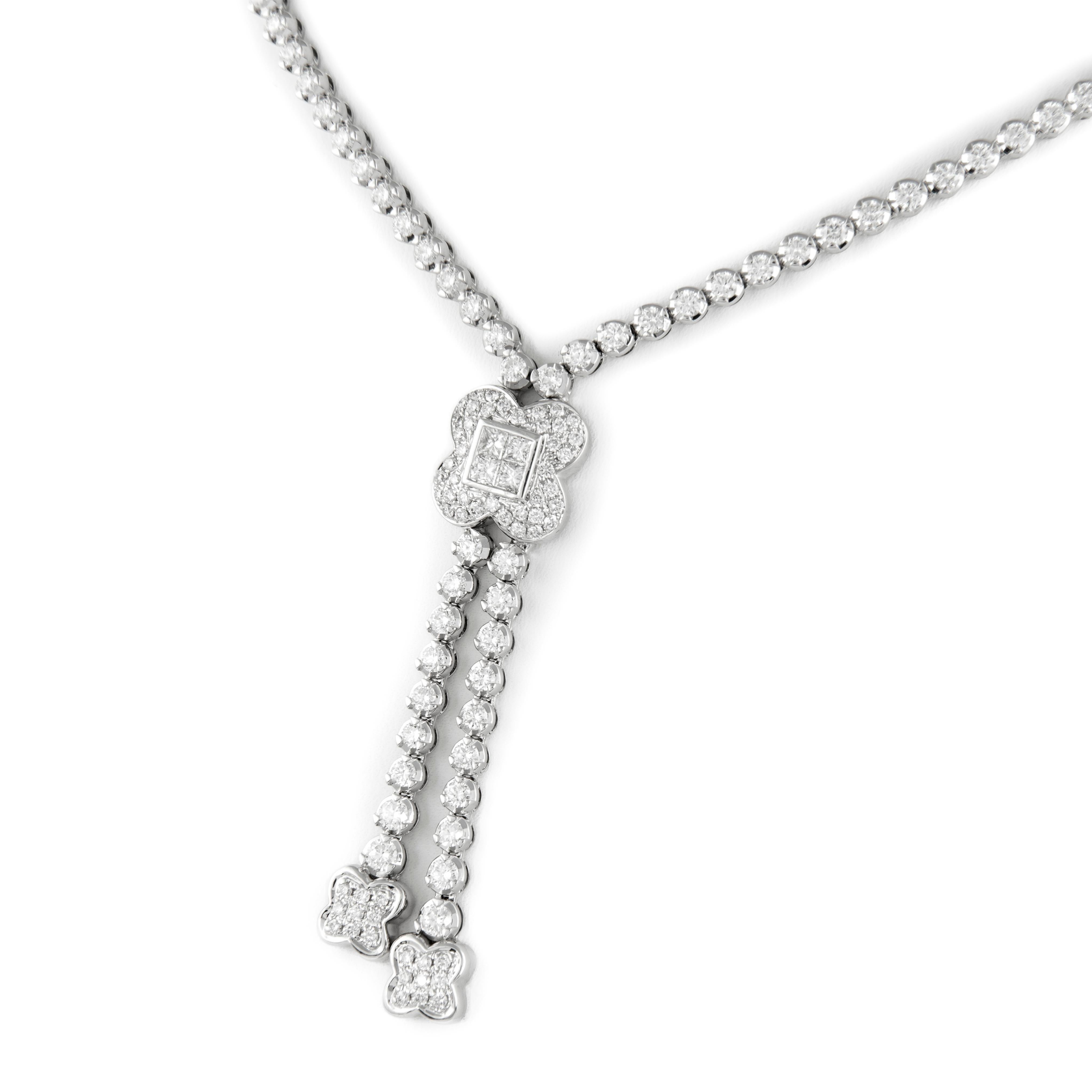 Round Cut Alexander 3.22ct Diamond Drop Bow Necklace 18k White Gold For Sale