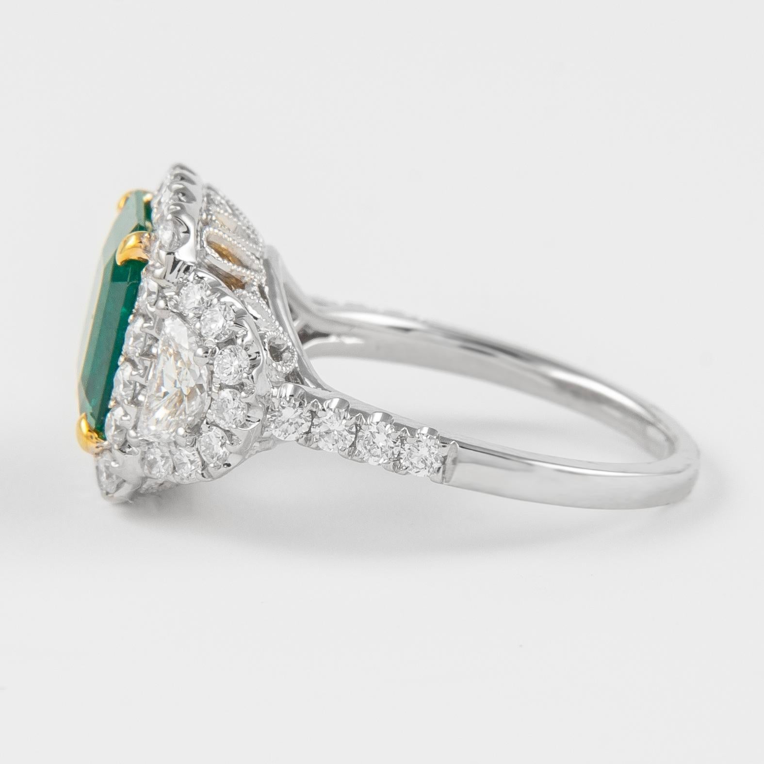 Emerald Cut Alexander 3.26 Carat Emerald with Diamond Three Stone Halo Ring 18 Karat Gold For Sale