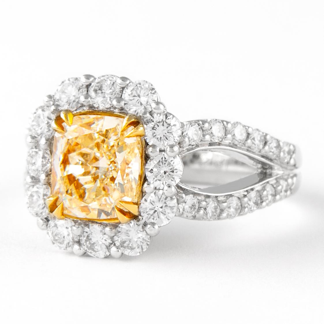 Contemporary Alexander 3.34ctt Fancy Yellow Cushion Diamond with Halo Ring 18k Two Tone For Sale