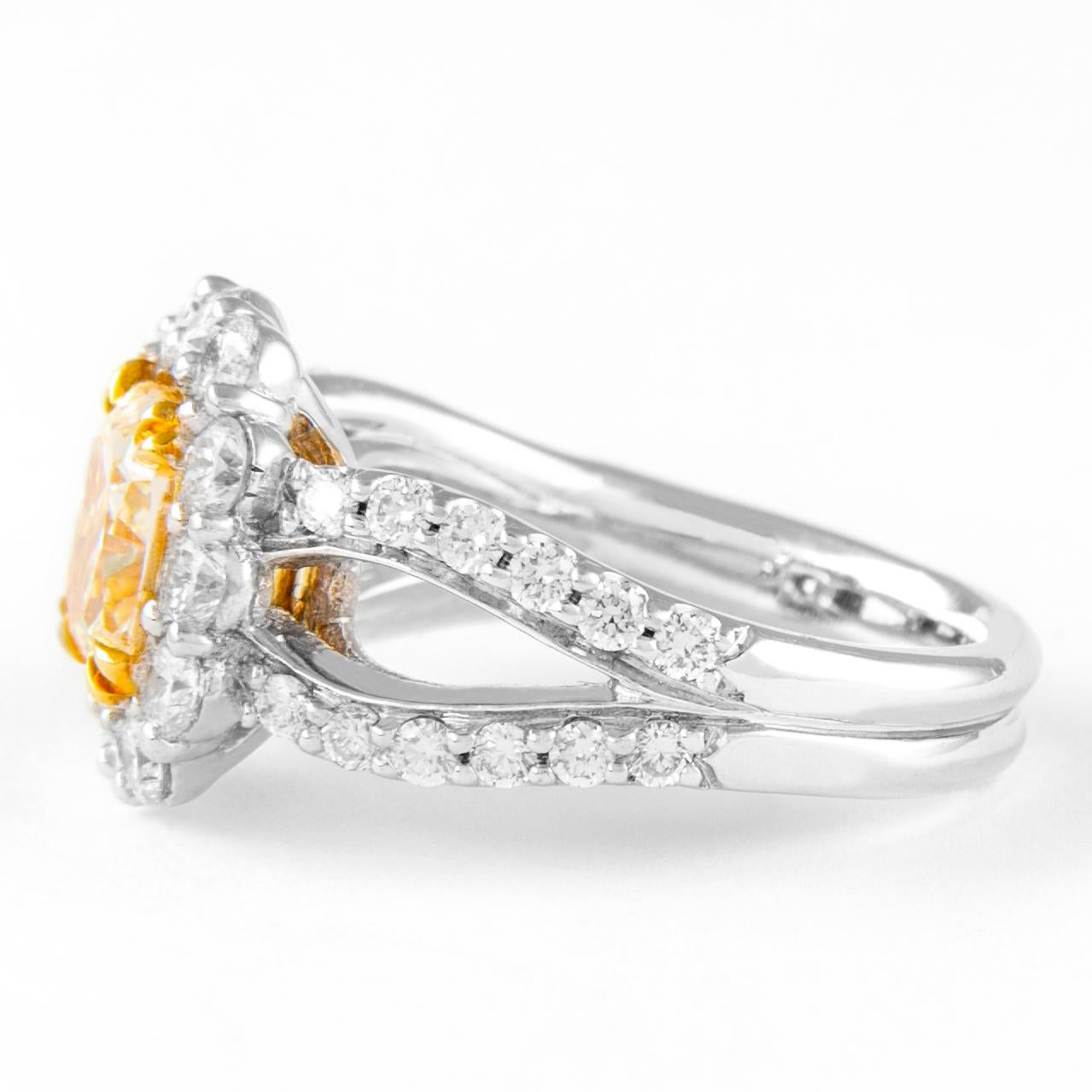 Cushion Cut Alexander 3.34ctt Fancy Yellow Cushion Diamond with Halo Ring 18k Two Tone For Sale