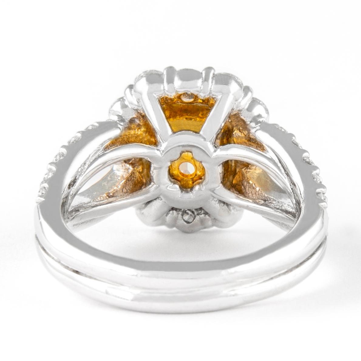 Alexander 3.34ctt Fancy Yellow Cushion Diamond with Halo Ring 18k Two Tone In New Condition For Sale In BEVERLY HILLS, CA