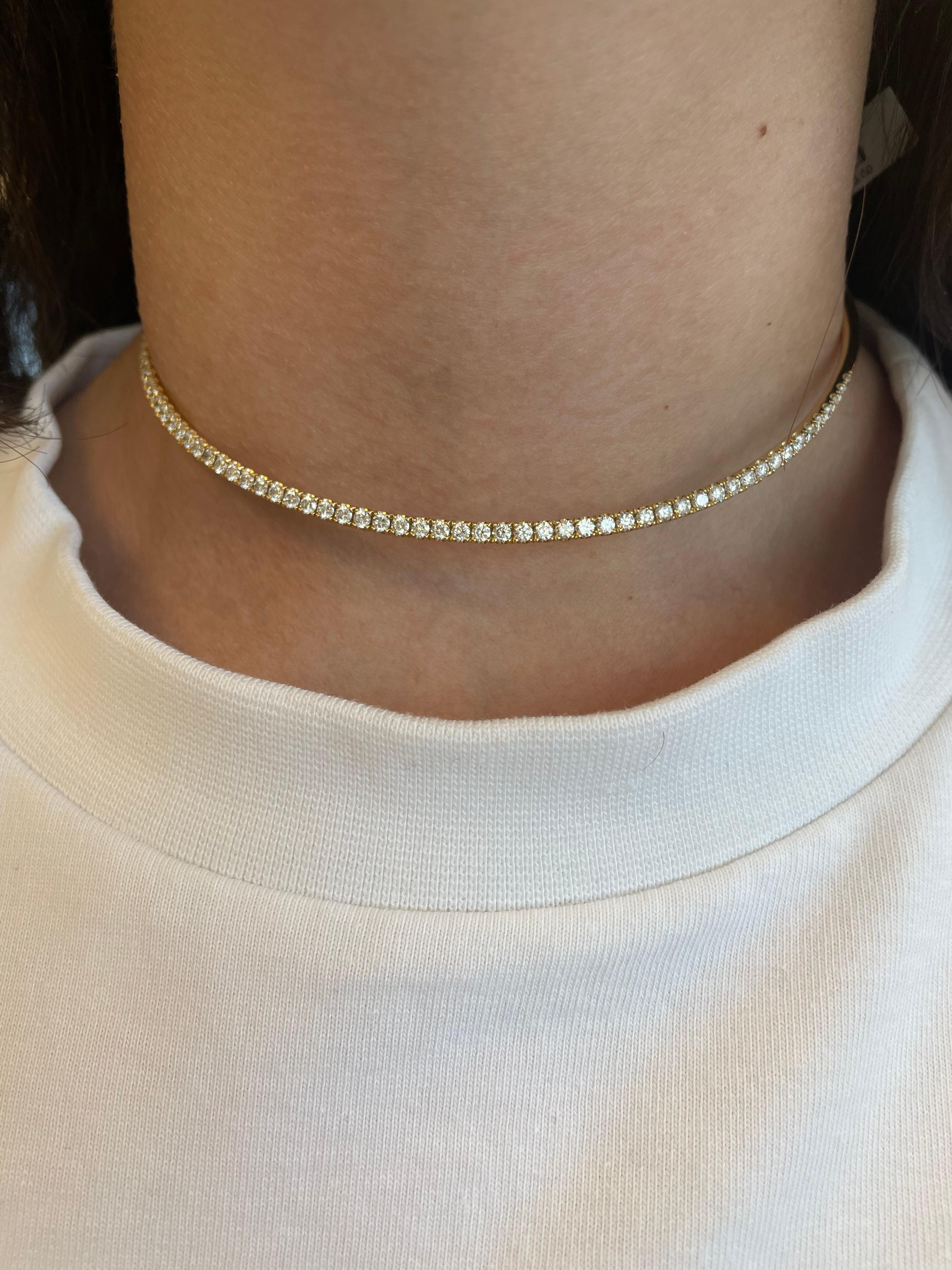 Beautiful modern diamond tennis choker, flexible open back. Created by Alexander Beverly Hills.
63 round brilliant diamonds, 3.46 carats. Approximately G/H color grade and VS2/SI1 clarity grade. 18-karat yellow gold, 27.36 grams. 
Accommodated with
