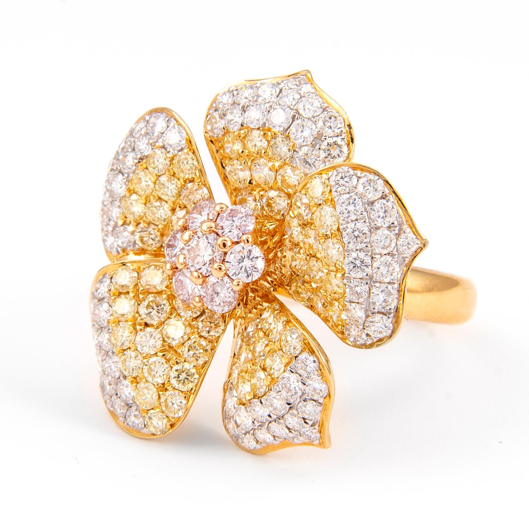 Modern Alexander 3.48ct Pink, Yellow & White Diamond Floral Ring 18k Yellow Gold