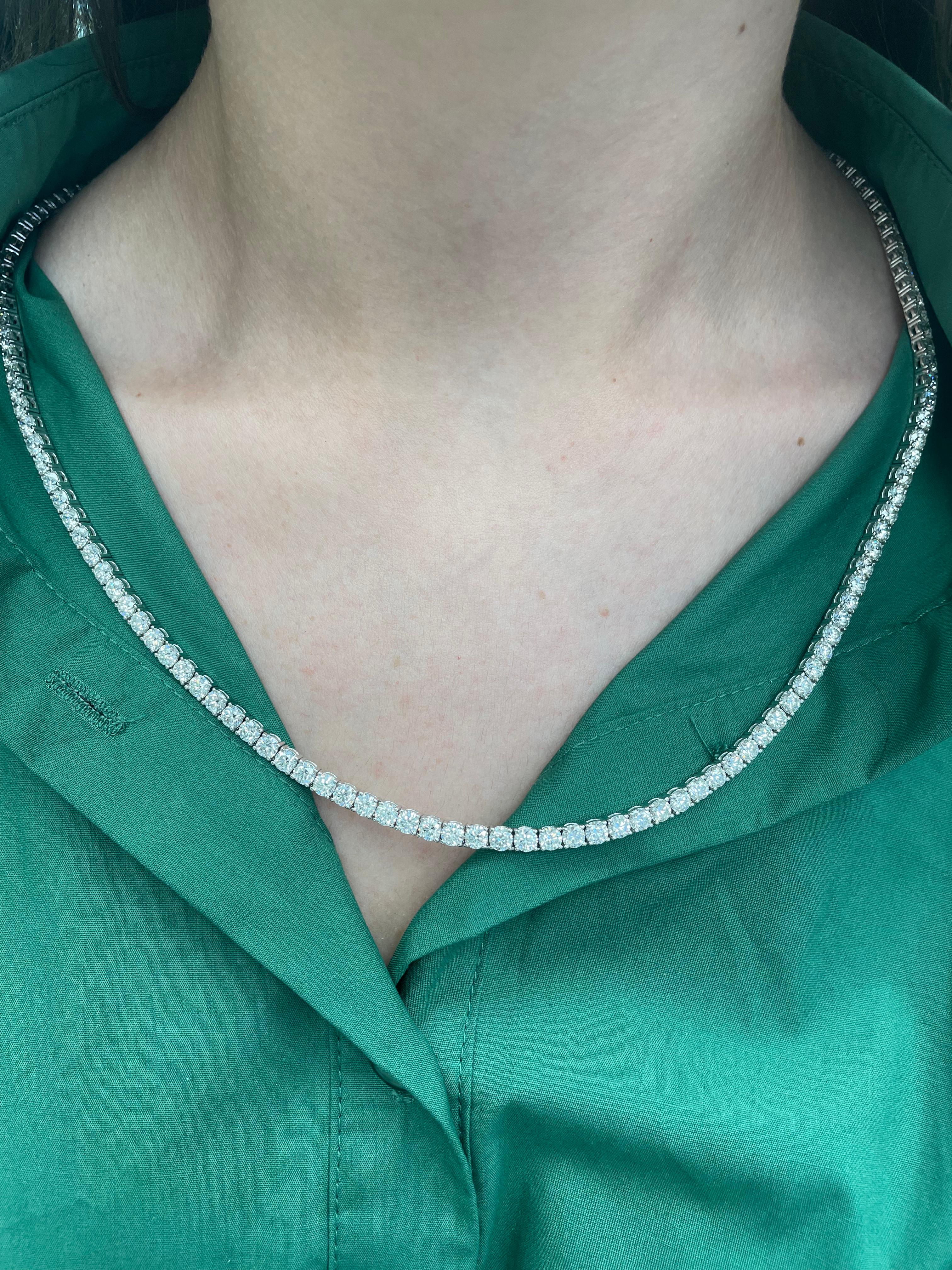Beautiful and classic long diamond tennis necklace, by Alexander Beverly Hills.
35.55 carats of round brilliant diamonds, approximately G/H color and VS clarity. 18k white gold, 39.30 grams, prong set, 20in.
Accommodated with an up-to-date appraisal