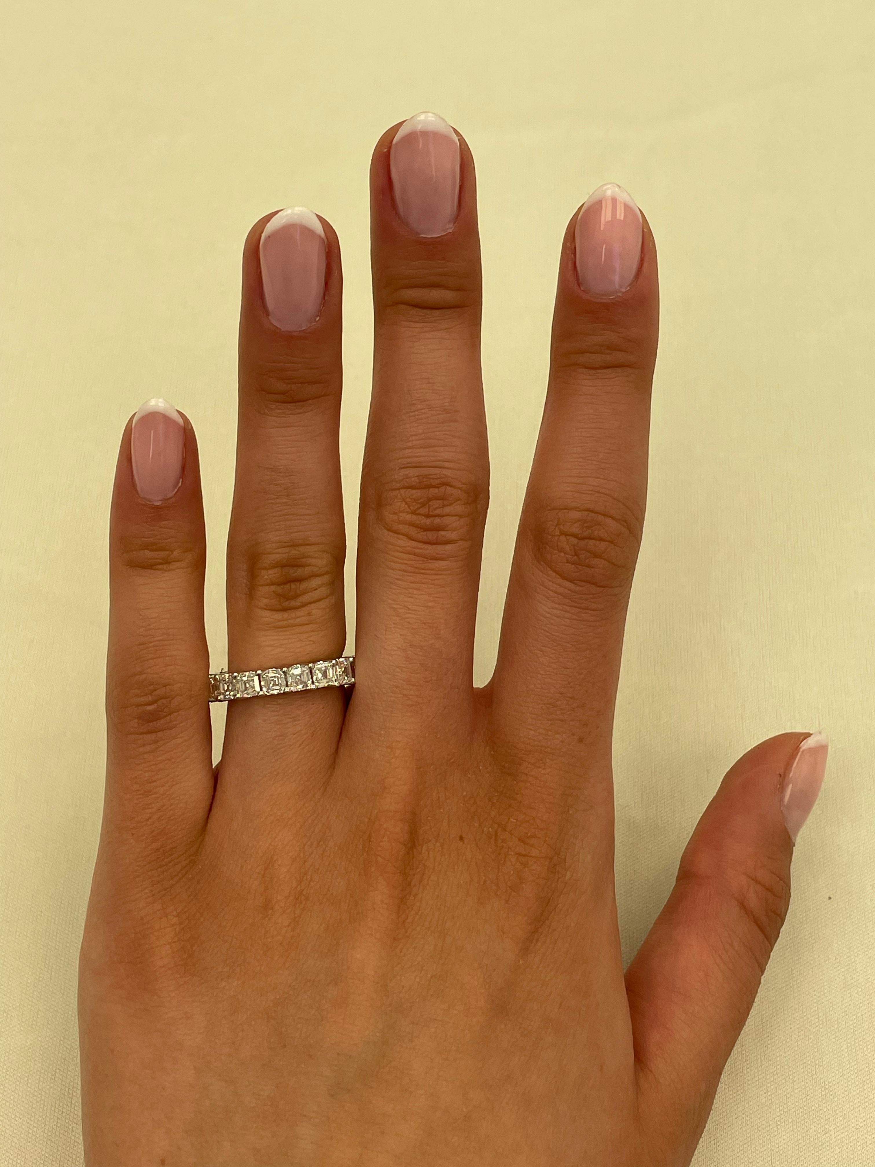 Stunning asscher cut diamond eternity band, By Alexander Beverly Hills.
19 asscher cut diamonds, 3.79 carats. D/E color and VVS clarity. 18-karat white gold, 3.53 grams, size 5.25. 
Accommodated with an up to date appraisal by a GIA G.G. upon