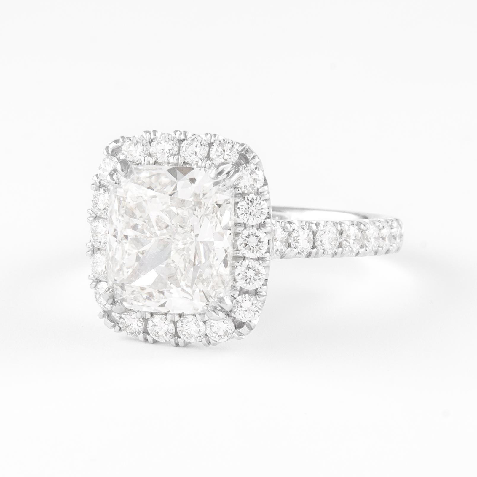 Contemporary Alexander 4.01 Carat H VS1 Cushion Diamond with Halo Ring 18 Karat White Gold For Sale