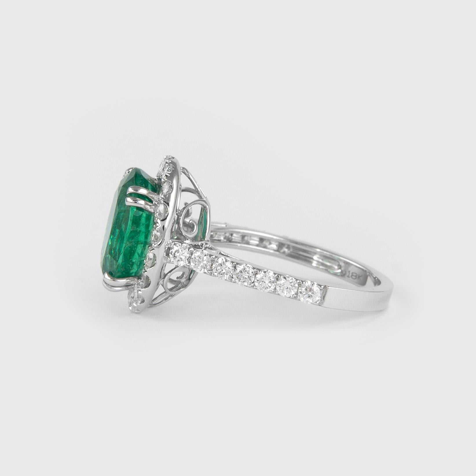 Oval Cut Alexander 4.05 Carat Emerald with Diamond Halo Ring 18 Karat White Gold For Sale