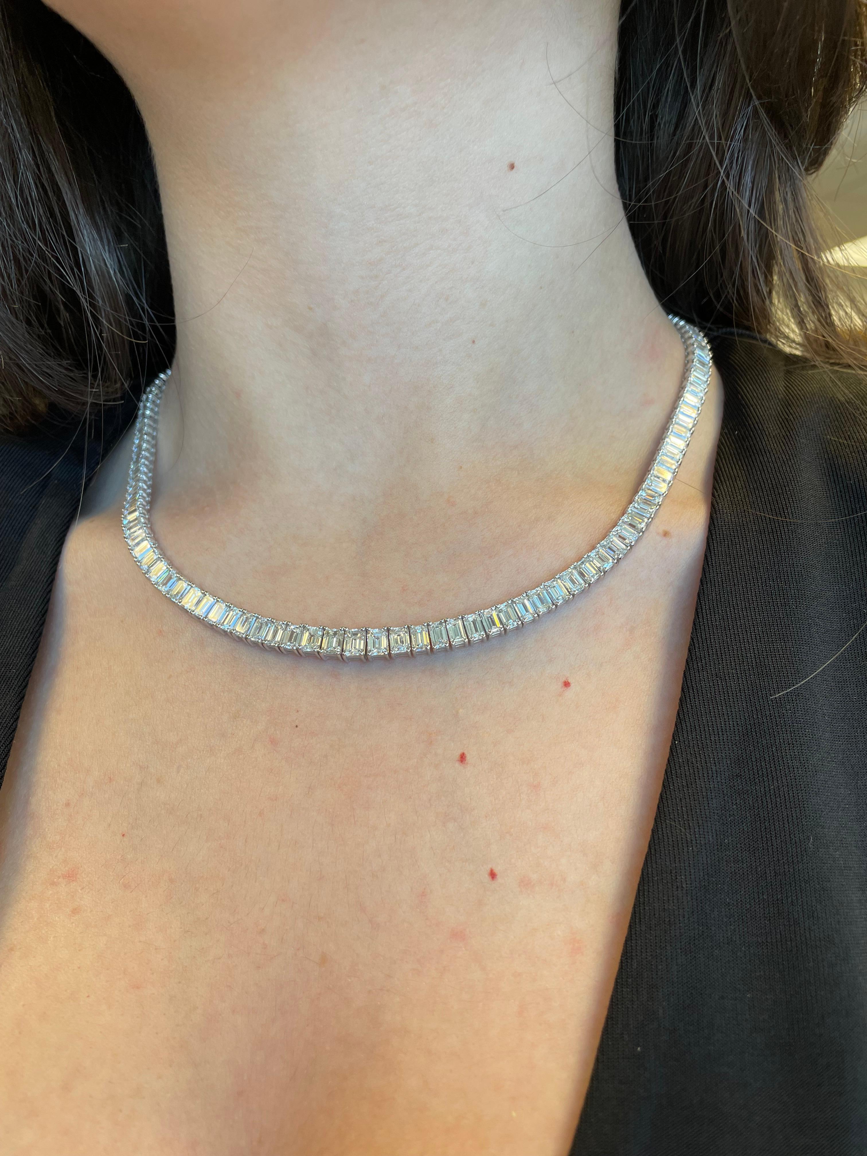 Exquisite and timeless diamonds tennis necklace. Created by Alexander Beverly Hills.
125 emerald cut diamonds, 42.00 carats total. Approximately G/H color and VS clarity. Four prong set in 18k white gold. Accommodated with an up-to-date appraisal by