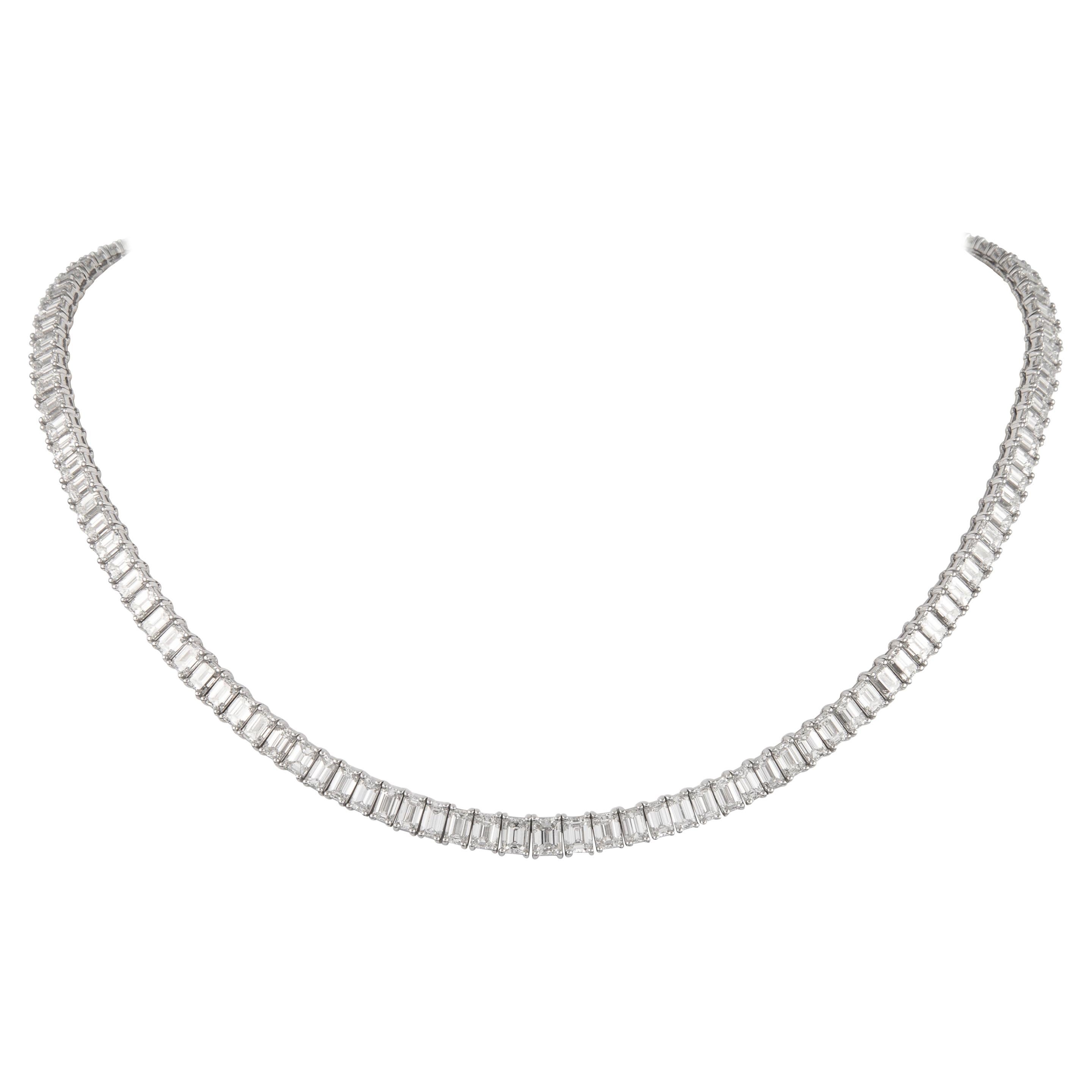Alexander 42 Carat Emerald Cut Diamond Tennis Necklace 18 Karat White Gold