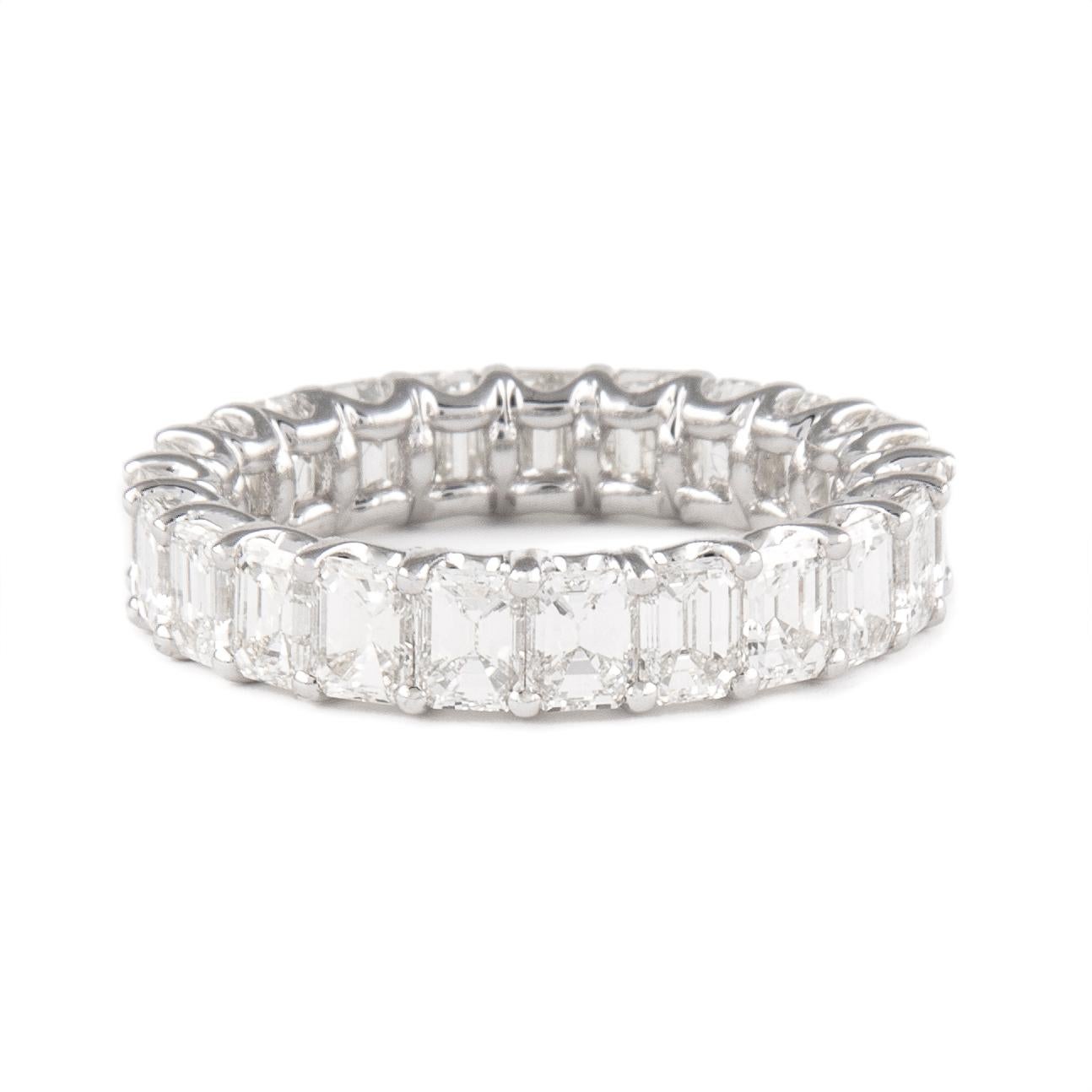 Stunning emerald cut diamond eternity band, by Alexander Beverly Hills.
23 emerald cut diamonds, 4.26 carats total. D-F color and VS clarity. Set in 18k white gold, 3.60 grams, size 6.5. 
Accommodated with an up-to-date appraisal by a GIA G.G. once