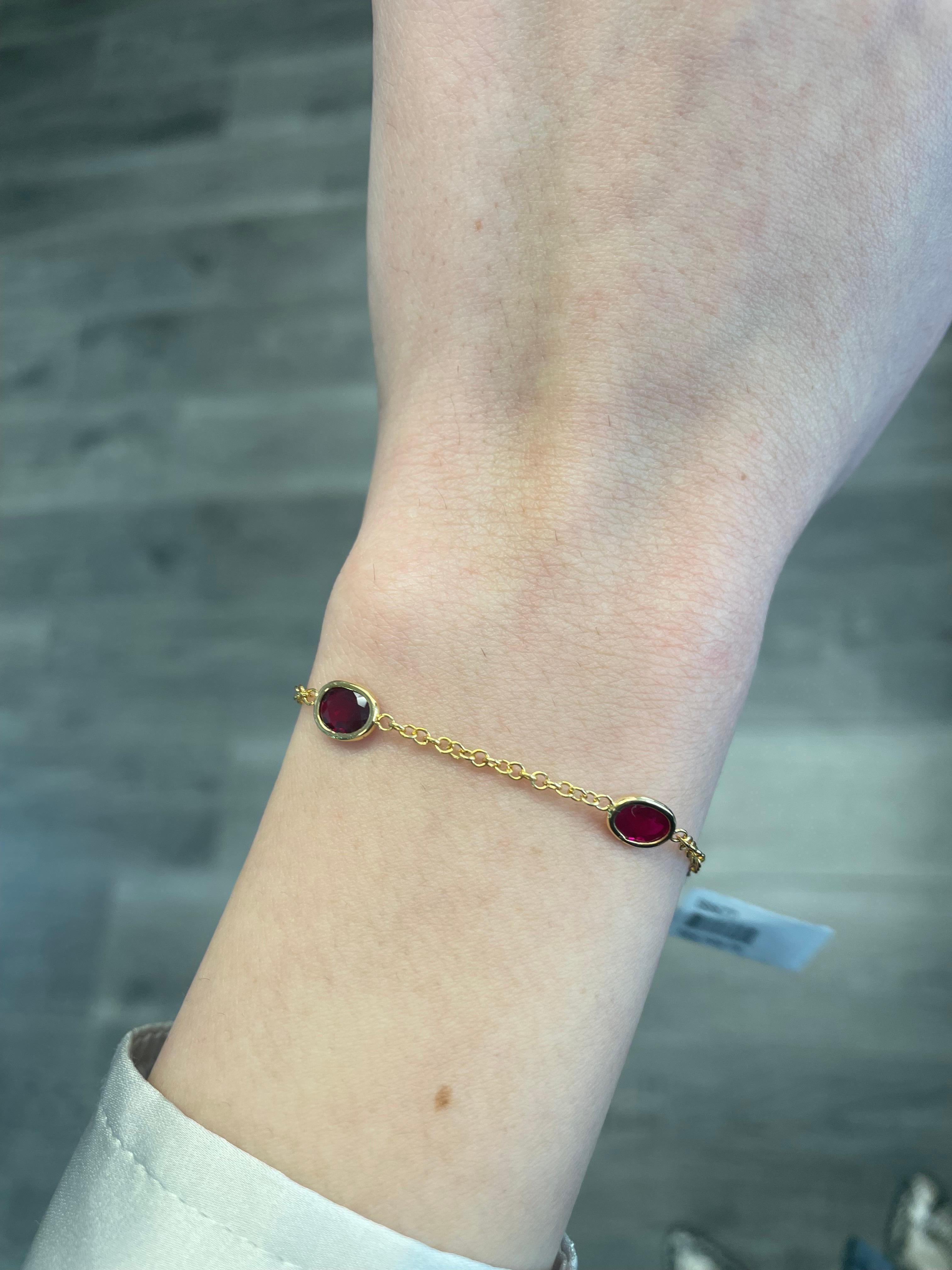Exquisite ruby by the yard modern bracelet. By Alexander Beverly Hills.
5 oval rubies, 4.35 carats heat. Hand made bezel set in 18k yellow gold. 
Accommodated with an up to date appraisal by a GIA G.G. upon request. please contact us with any