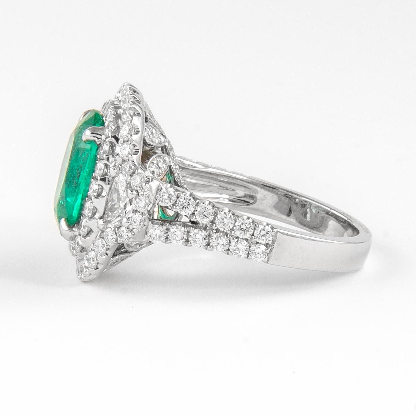 Oval Cut Alexander 4.36ctt Emerald with Diamond Three Stone Halo Ring 18 Karat Gold