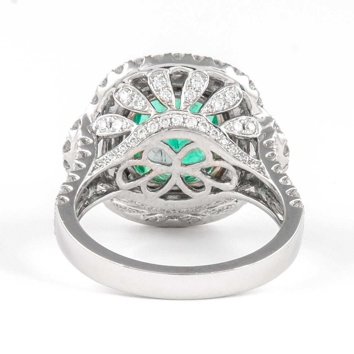 Alexander 4.36ctt Emerald with Diamond Three Stone Halo Ring 18 Karat Gold In Excellent Condition In BEVERLY HILLS, CA