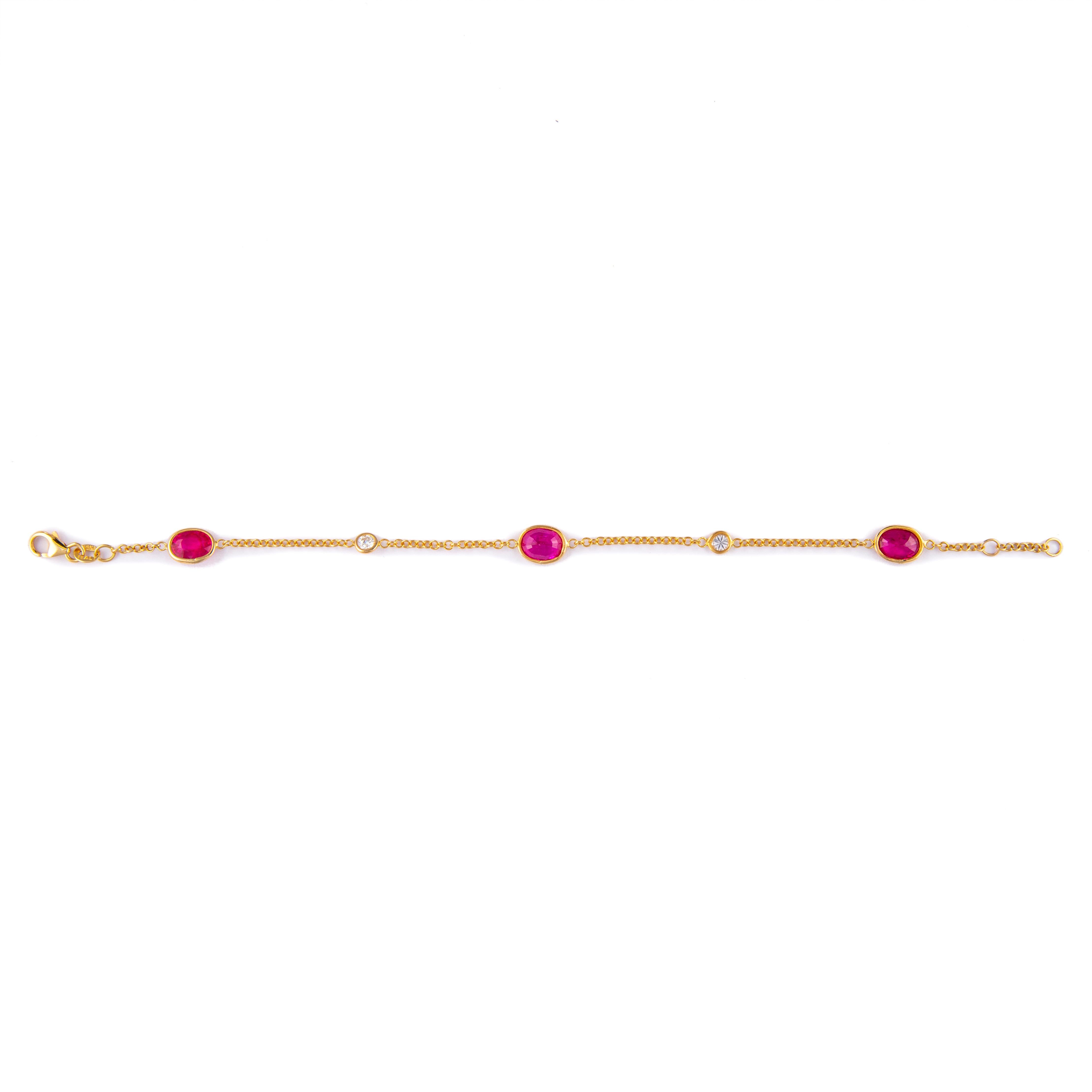 Oval Cut Alexander 4.48 Carat Ruby & Diamonds by the Yard Bracelet 18k Yellow Gold For Sale