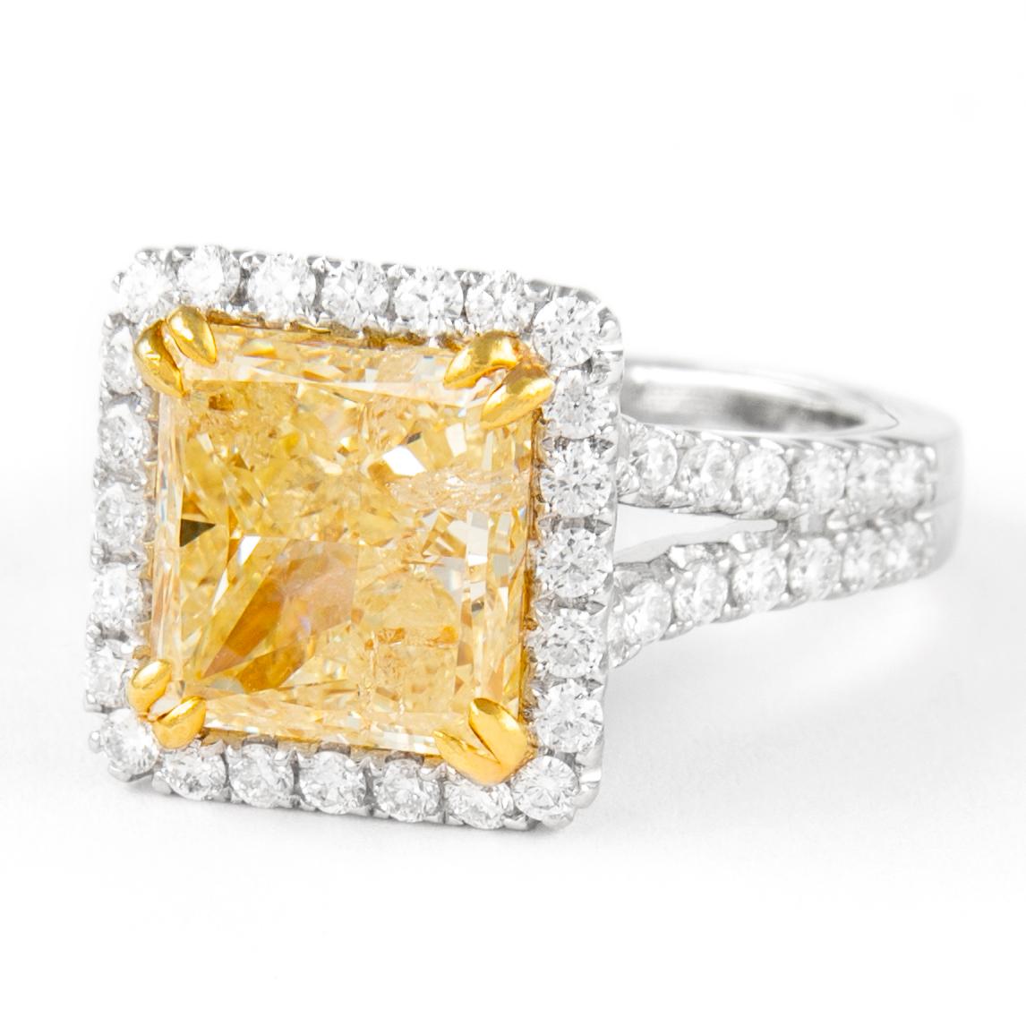 Contemporary Alexander 4.50ct Fancy Intense Yellow Radiant Diamond with Halo Ring 18k For Sale