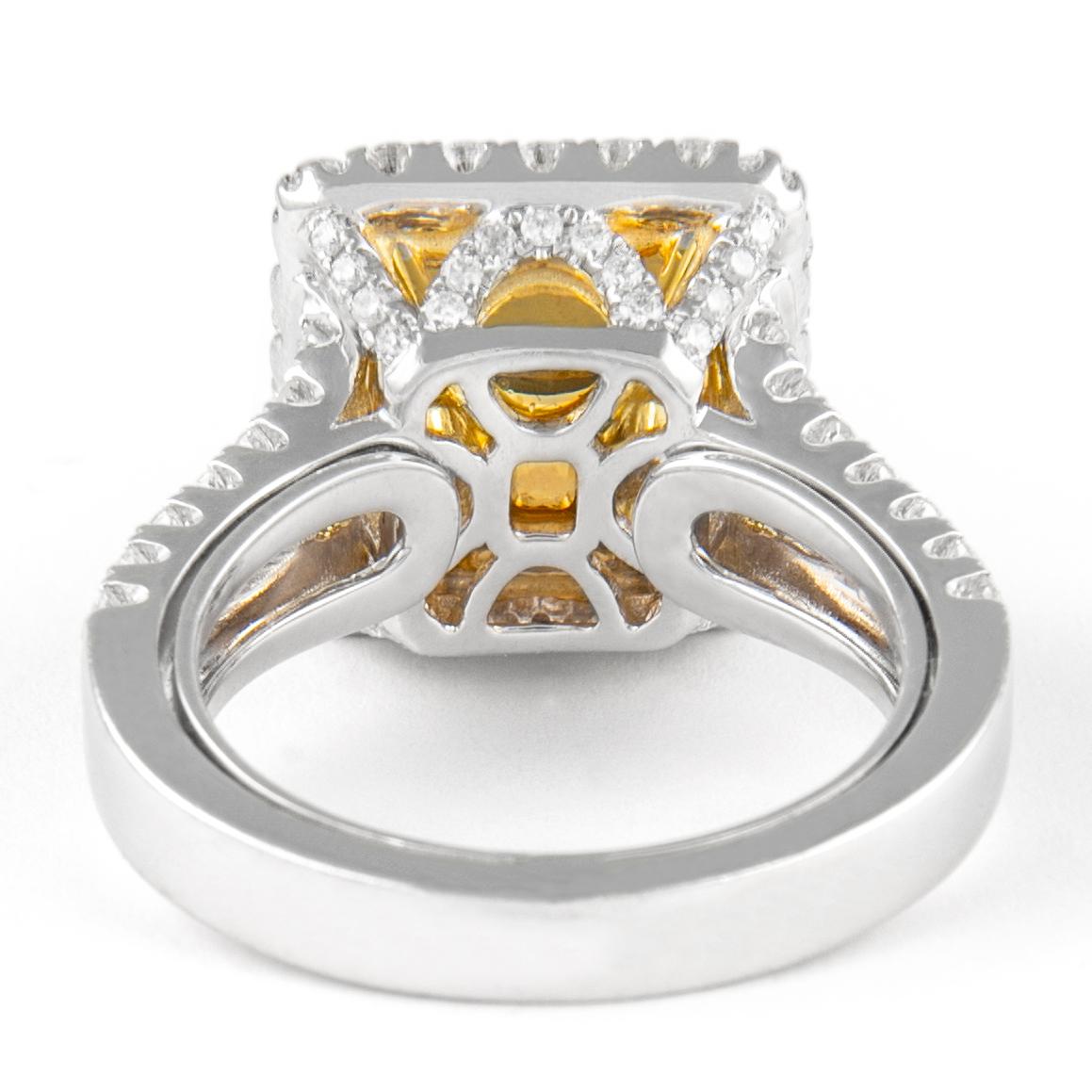 Alexander 4.50ct Fancy Intense Yellow Radiant Diamond with Halo Ring 18k In New Condition For Sale In BEVERLY HILLS, CA