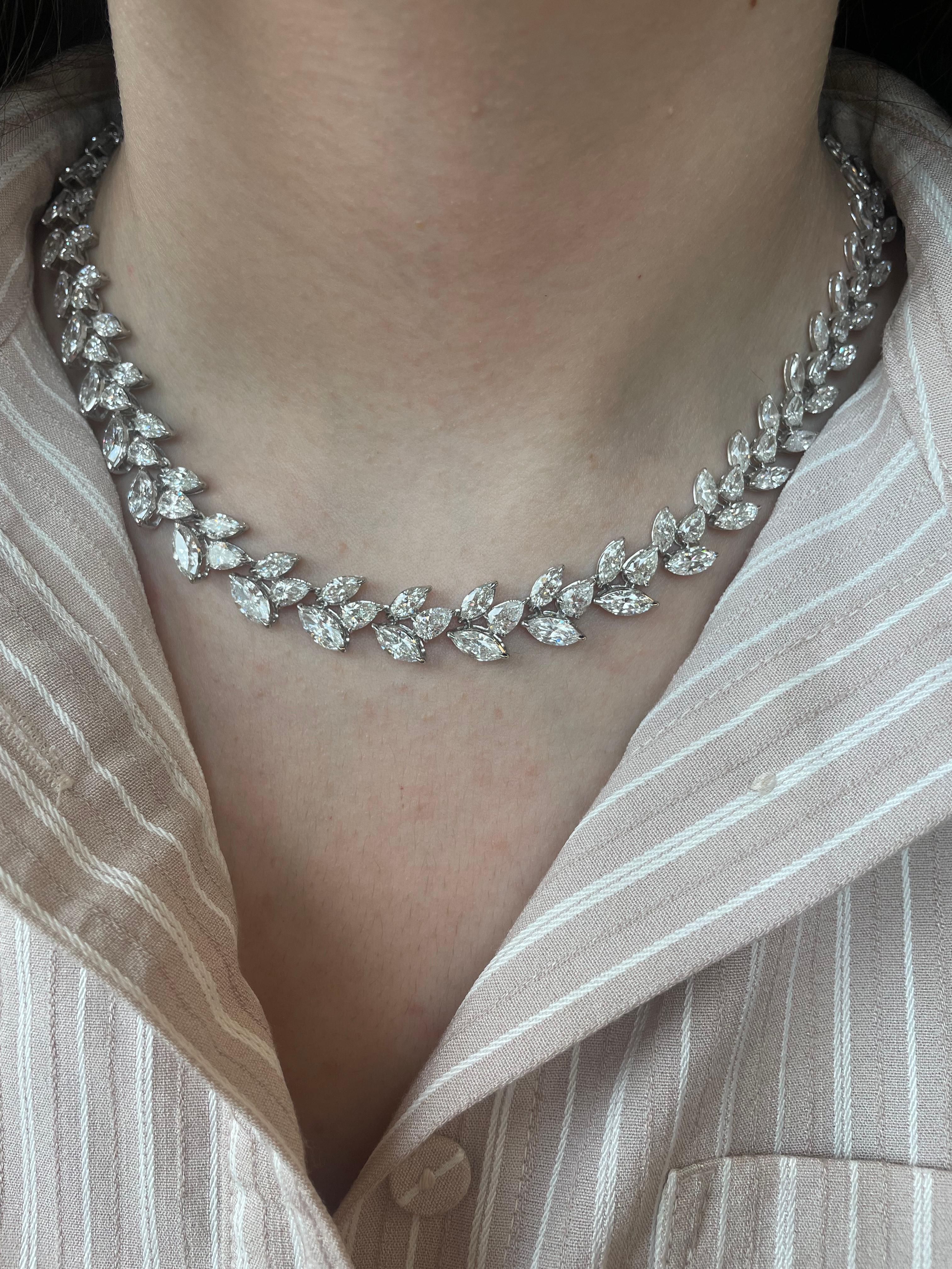 Exquisite multi diamond necklace. Perfect as a wedding / bridal necklace. High jewelry by Alexander Beverly Hills.
132 marques and pear cut diamonds, 45.35 carats total (Avg 0.34ct). Approximately F-H color and VVS-VS clarity. Prong set in 18k white