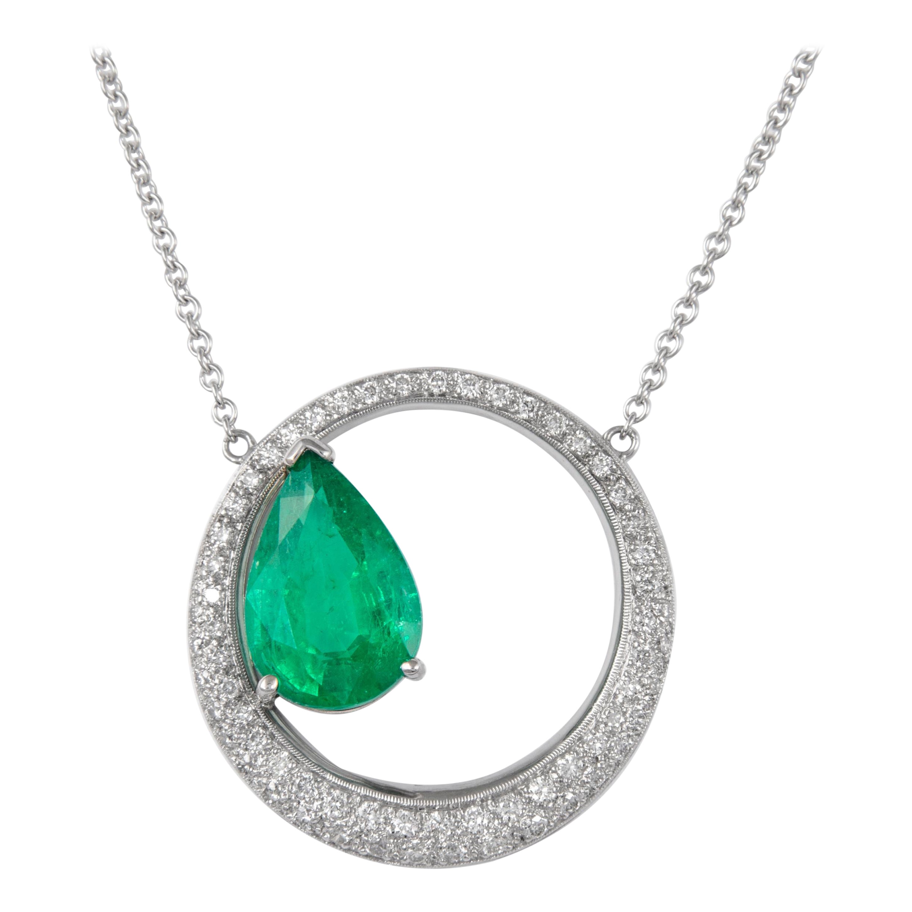 Alexander 4.56ct Emerald with Pave Diamond 18k White Gold Pendant Necklace For Sale