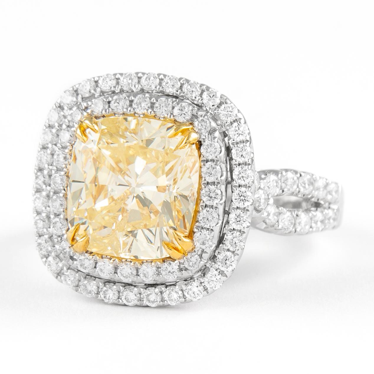 Contemporary Alexander 4.05ct Cushion Fancy Yellow Diamond Ring 18k Two Tone Gold