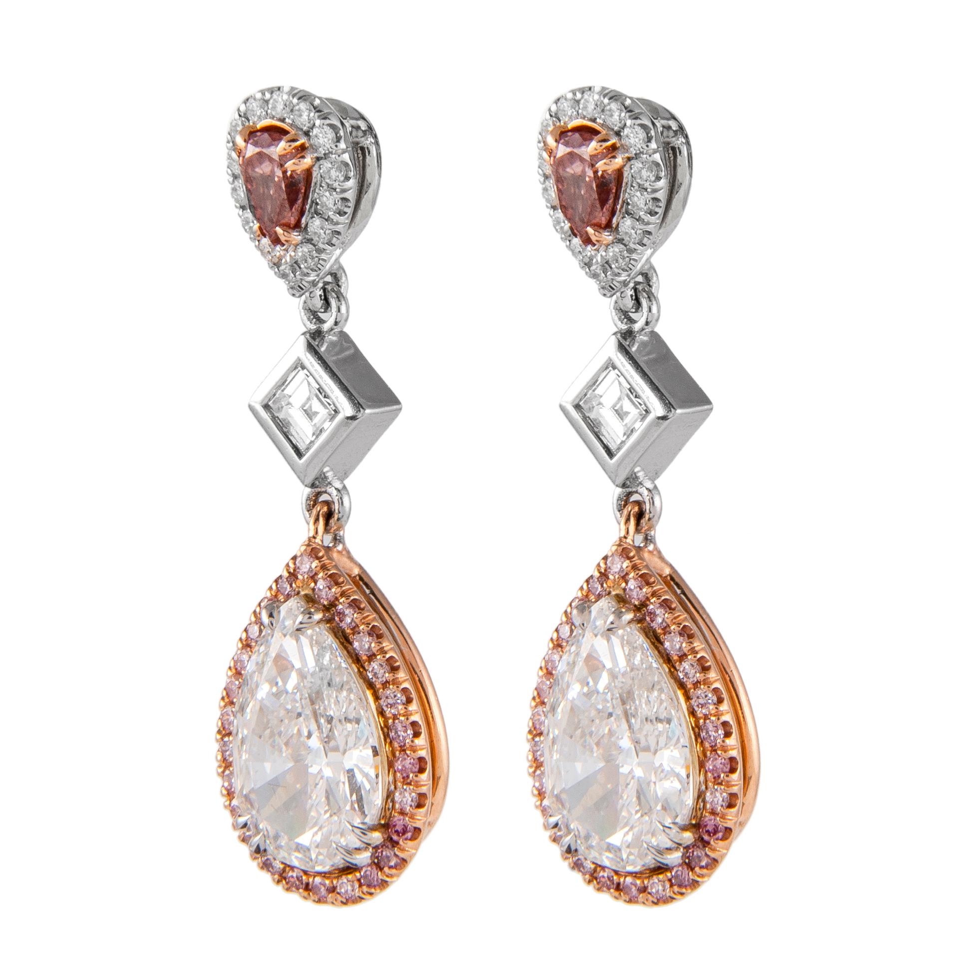 Contemporary Alexander 5.11ct Pear F color Diamonds with Fancy Instence Pink Diamond Earrings For Sale