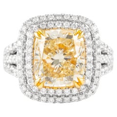 Alexander 5.26ct Cushion Fancy Yellow Diamond Ring 18k Two Tone Gold