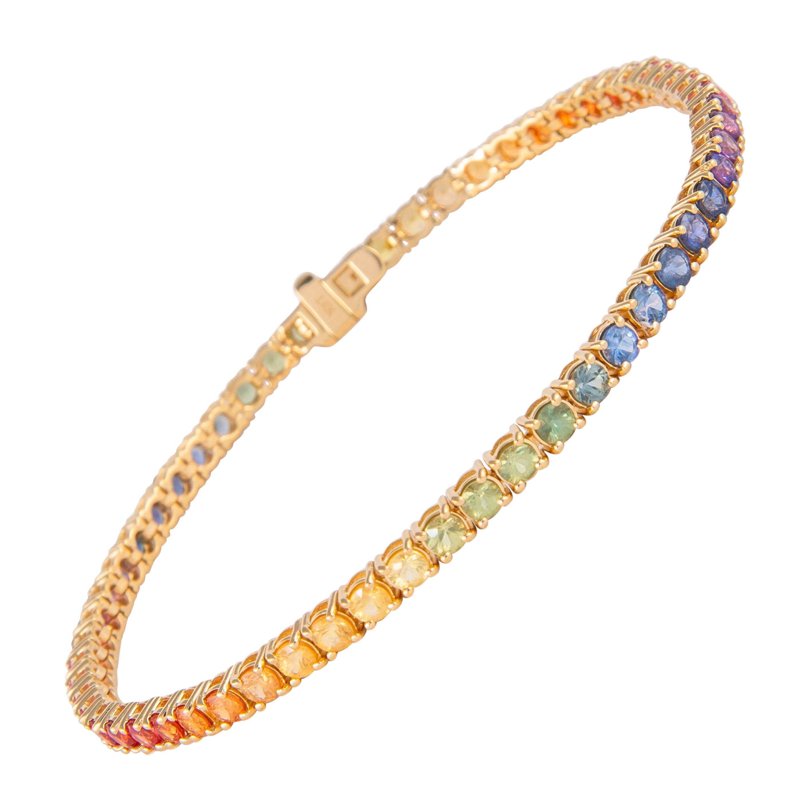 Alexander Alexander, Tennisarmband aus 18 Karat Gelbgold mit 5,58 Karat Regenbogen-Saphir
